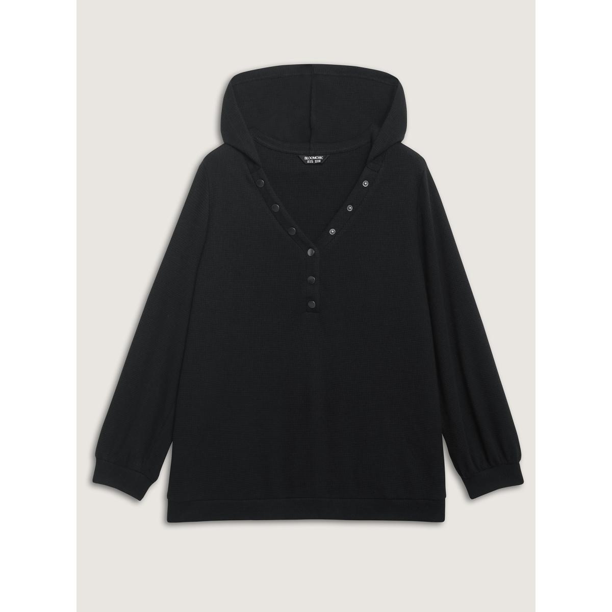 Plus Size Textured Snap Buttons Hooded Sweatshirt Women Black Leisure Texture Hooded Casual Sweatshirts BloomChic 18-20/2X Product Image