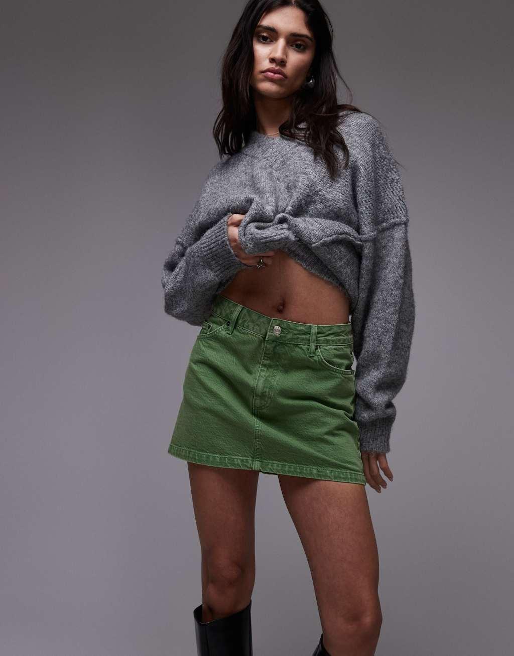 Topshop denim mini pelmet skirt in green Product Image