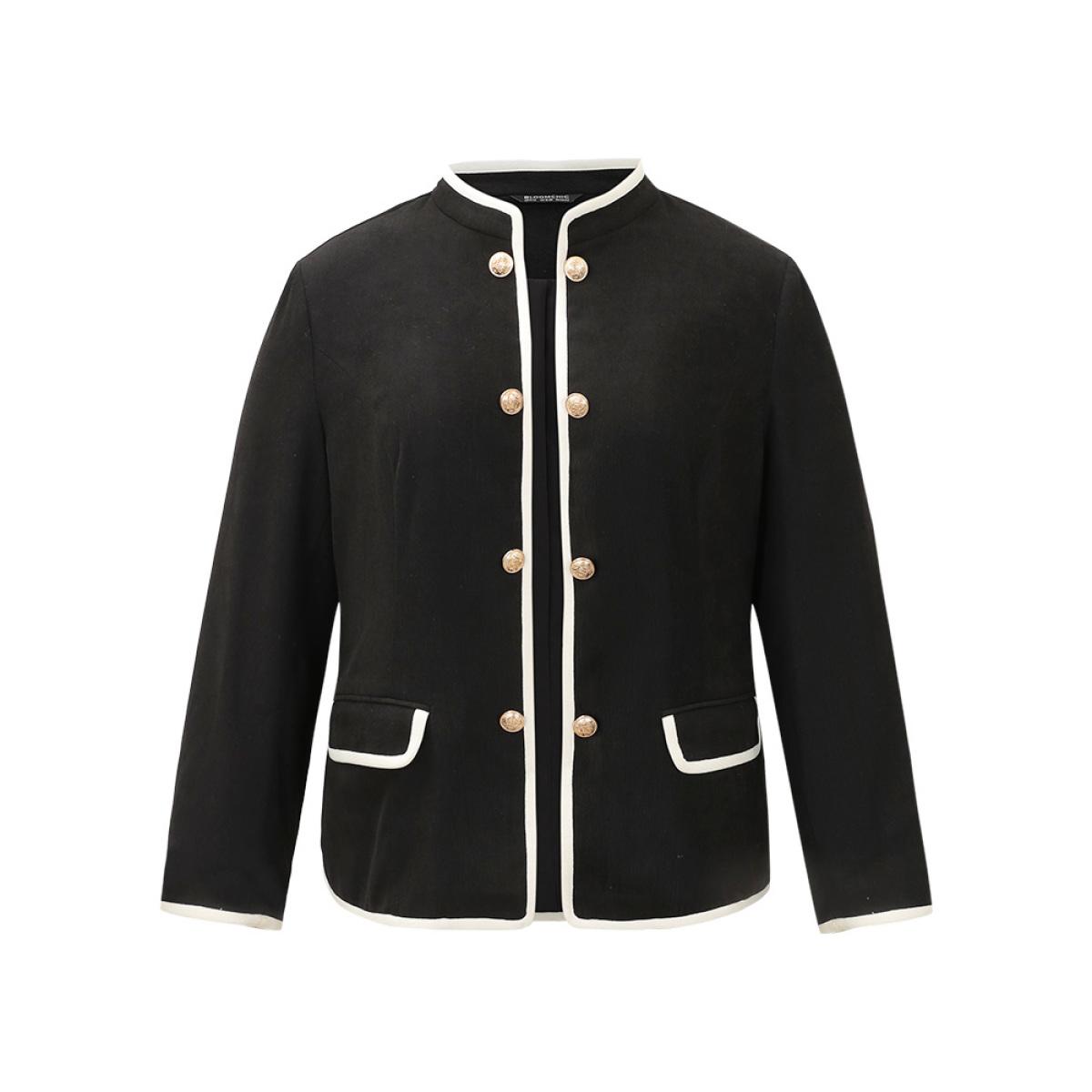 Plus Size Corduroy Metal Detail Contrast Trim Flap Pocket Blazer Women Black Office Lined Ladies Work Winter Coats BloomChic 12/L Product Image