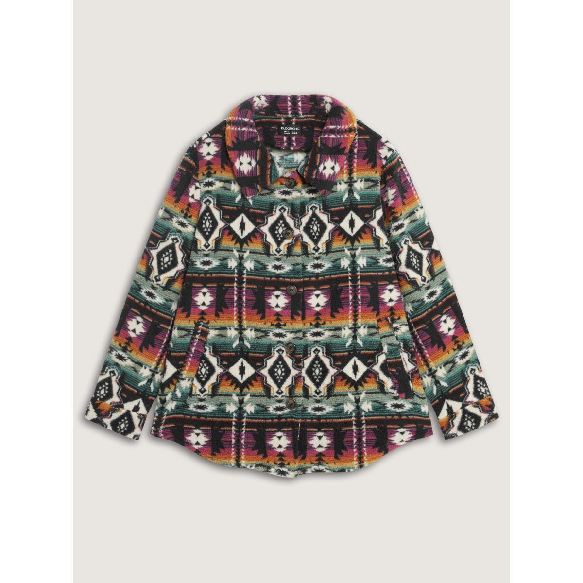 Plus Size Geometric Velvet Button Pockets Coat Women Multicolor Playful Button Ladies Casual Winter Coats BloomChic 12/L Product Image