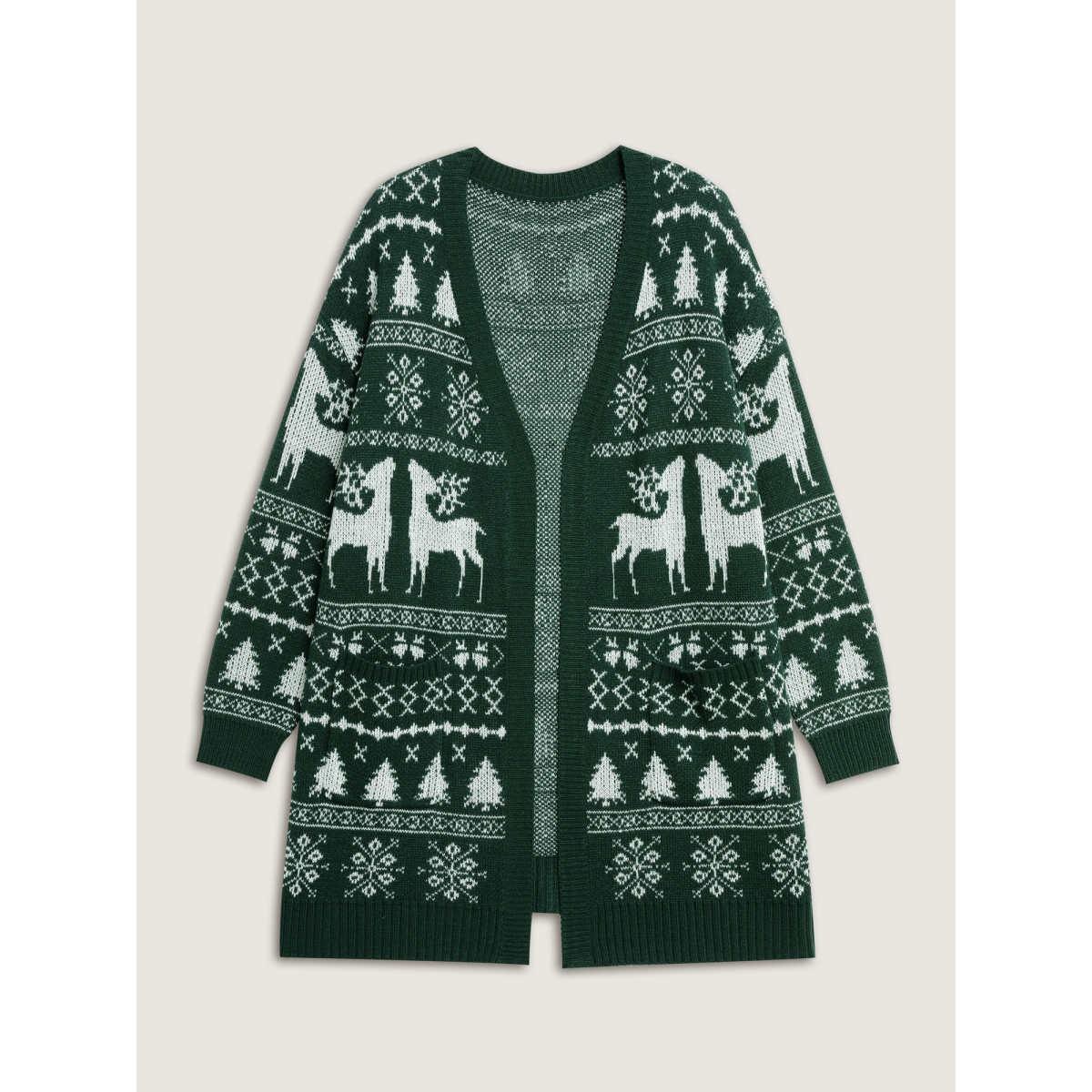 Plus Size Elk Christmas Print Jacquard Open-Front Knit Cardigan DarkSlateGray Women Leisure Loose Long Sleeve Casual Cardigans BloomChic 30/6X Product Image