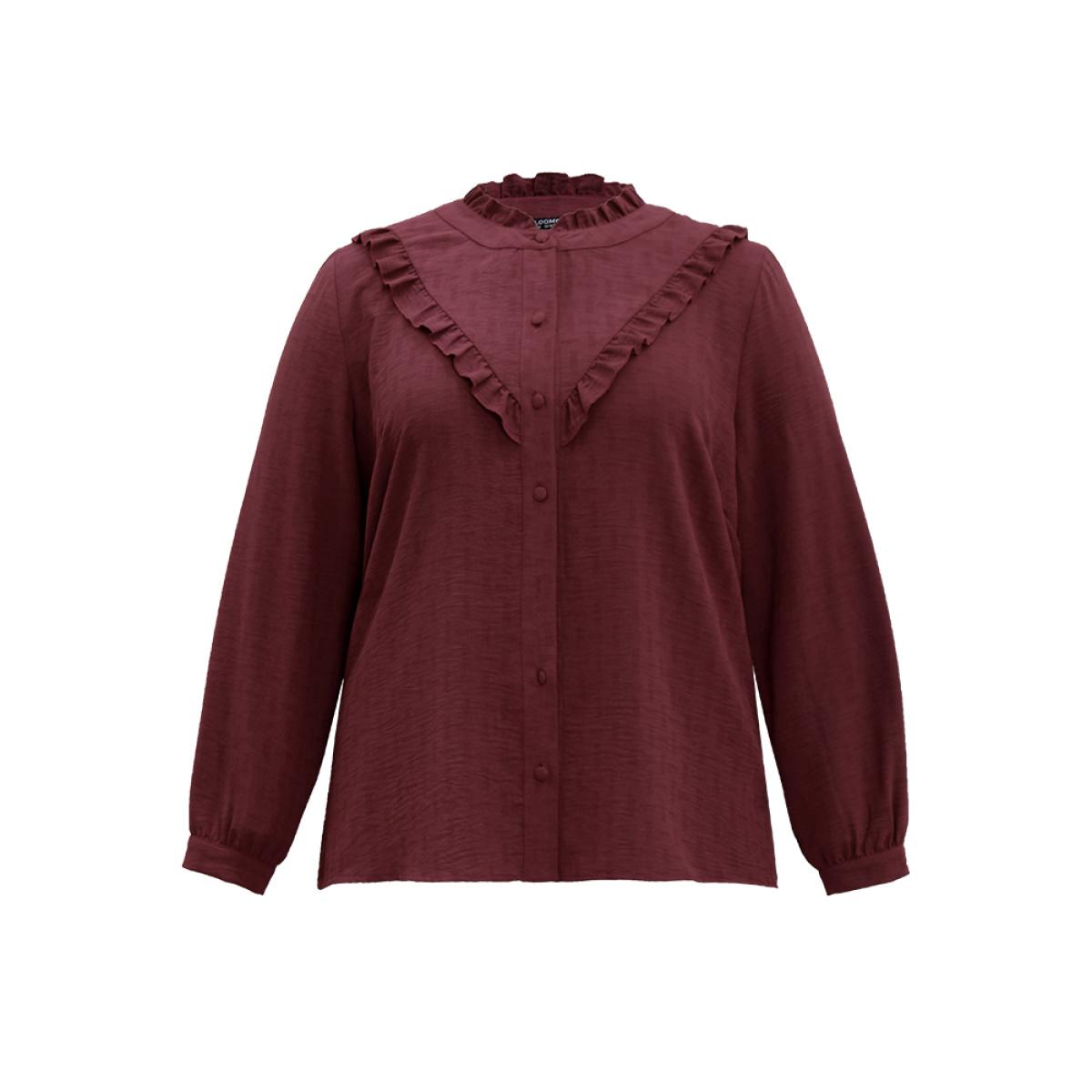 Plus Size Scarlet Stand Collar Solid Gathered Frill Trim Blouse Women Elegant Long Sleeve Stand-up collar Dailywear Blouses BloomChic 10/M Product Image
