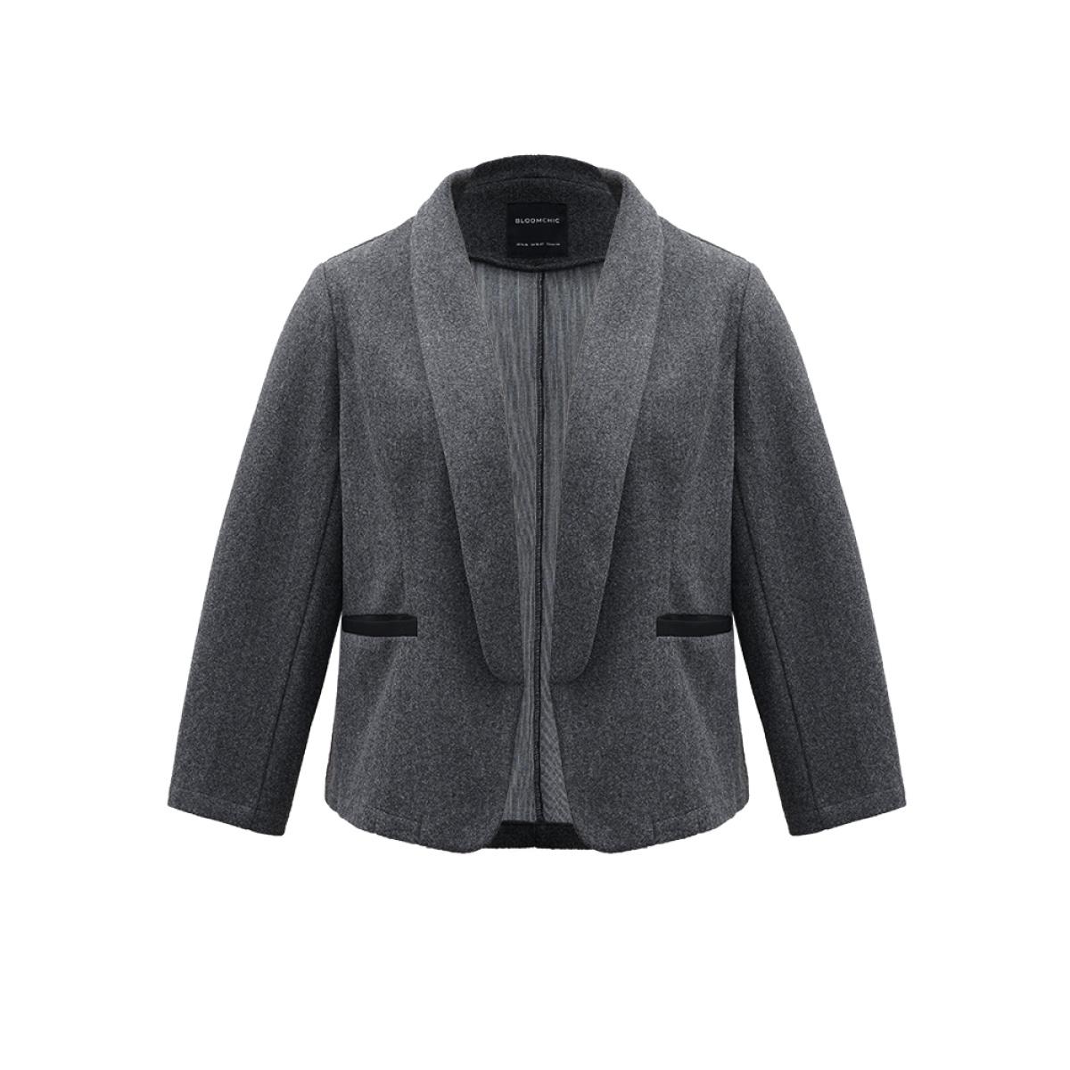 Plus Size Lapel Collar Texture Pocket Contrast Trim Blazer Gray Women Work Plain Texture Sleeve Long Sleeve Lapel Collar 18-20/2X Pocket At the Office Blazers BloomChic Product Image