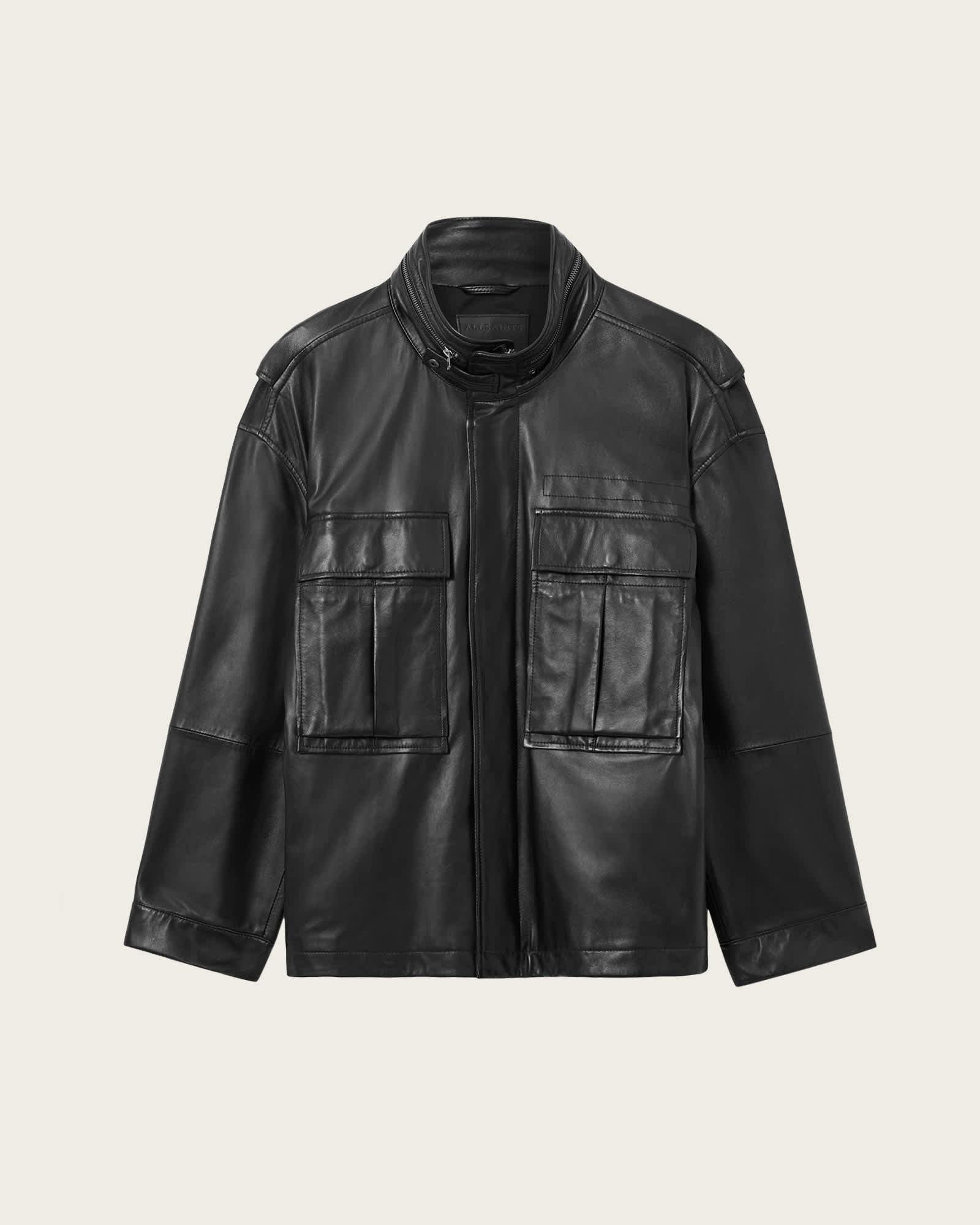 Halton Funnel Collar Leather Jacket Black | ALLSAINTS US Product Image
