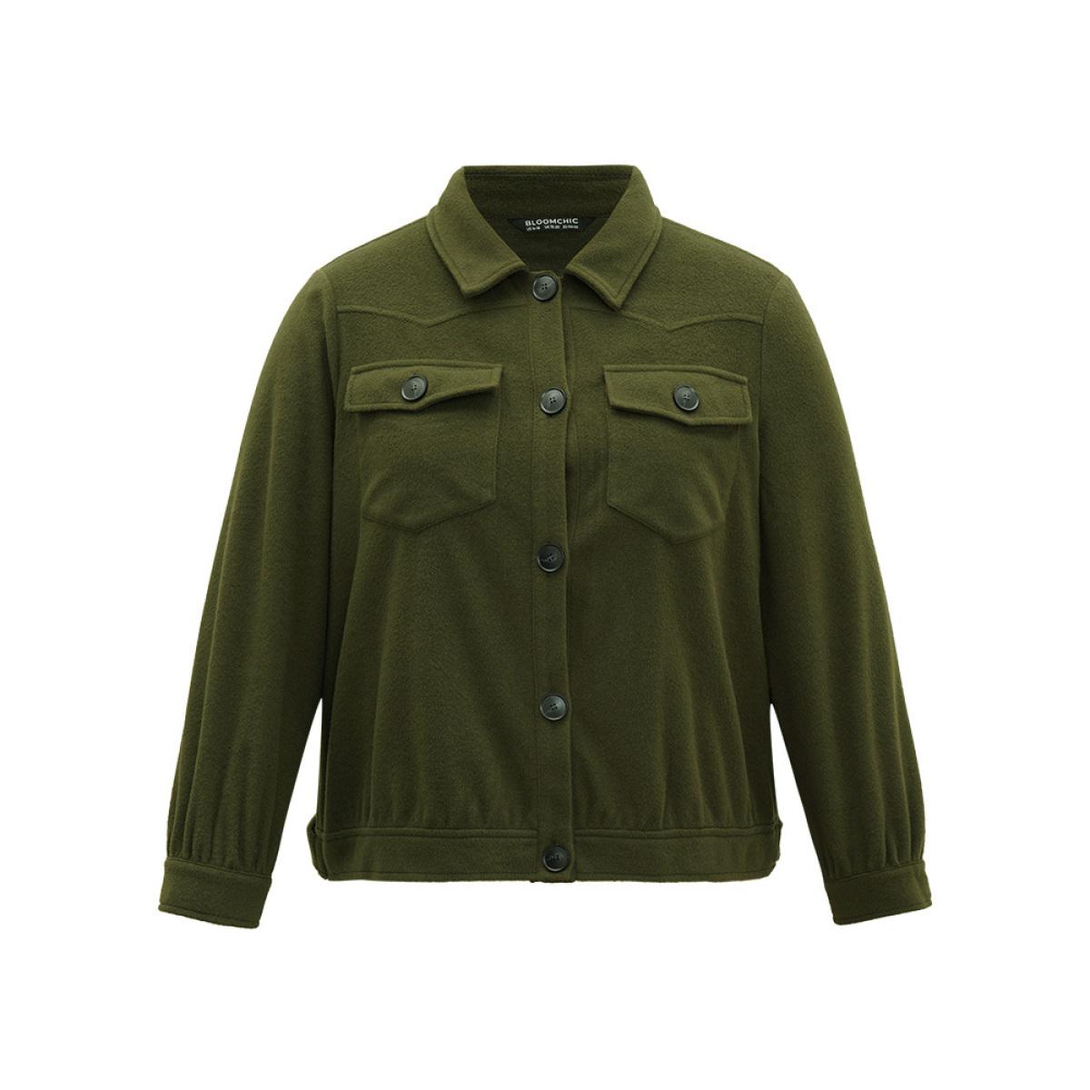 Plus Size Plain Pocket Button Up Shacket Women ArmyGreen Plain Pocket Everyday Jackets BloomChic 14-16/1X Product Image