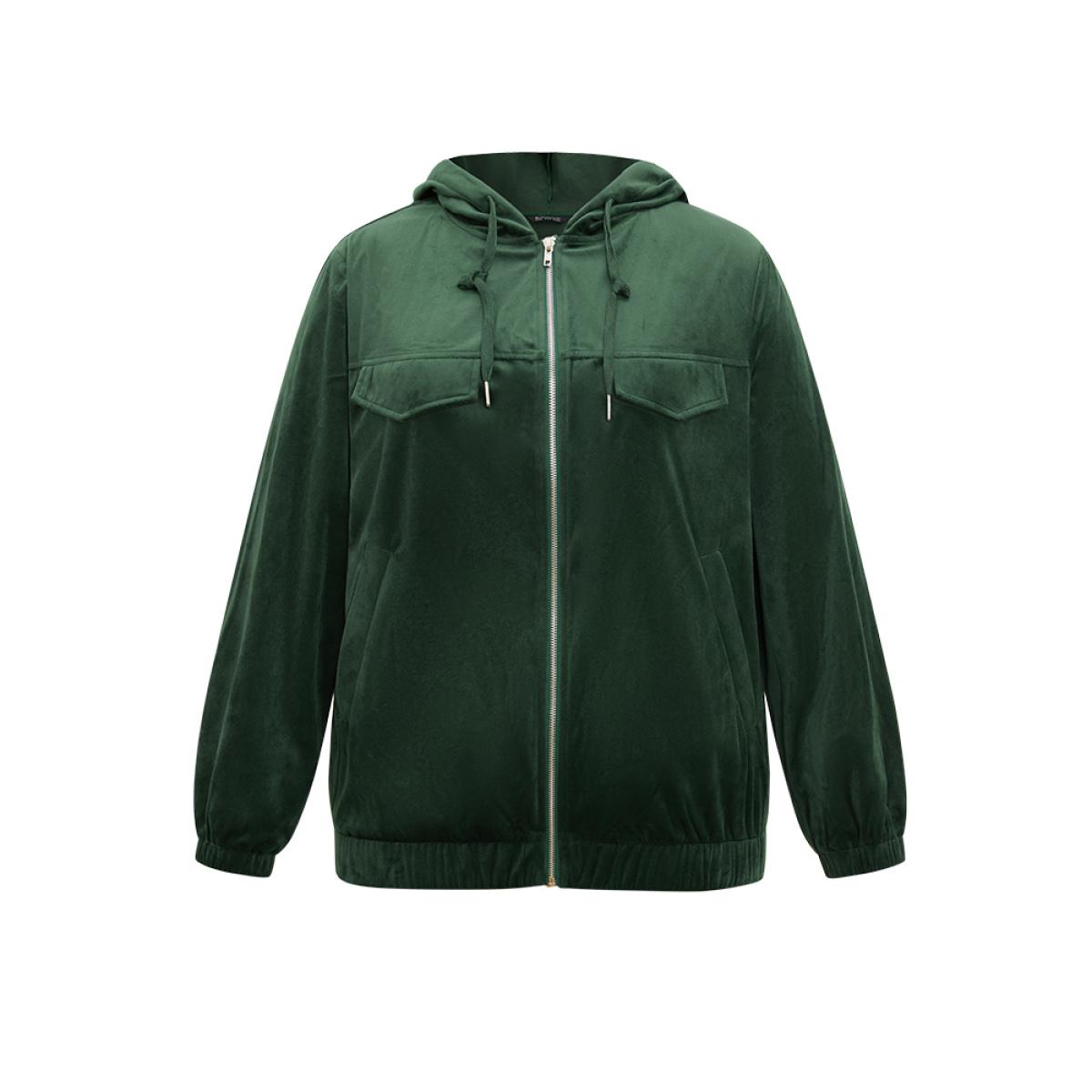Plus Size Velvet Zipper Pocket Drawstring Hooded Jacket Women Emerald Elastic cuffs Pocket Dailywear Jackets BloomChic 14-16/1X Product Image