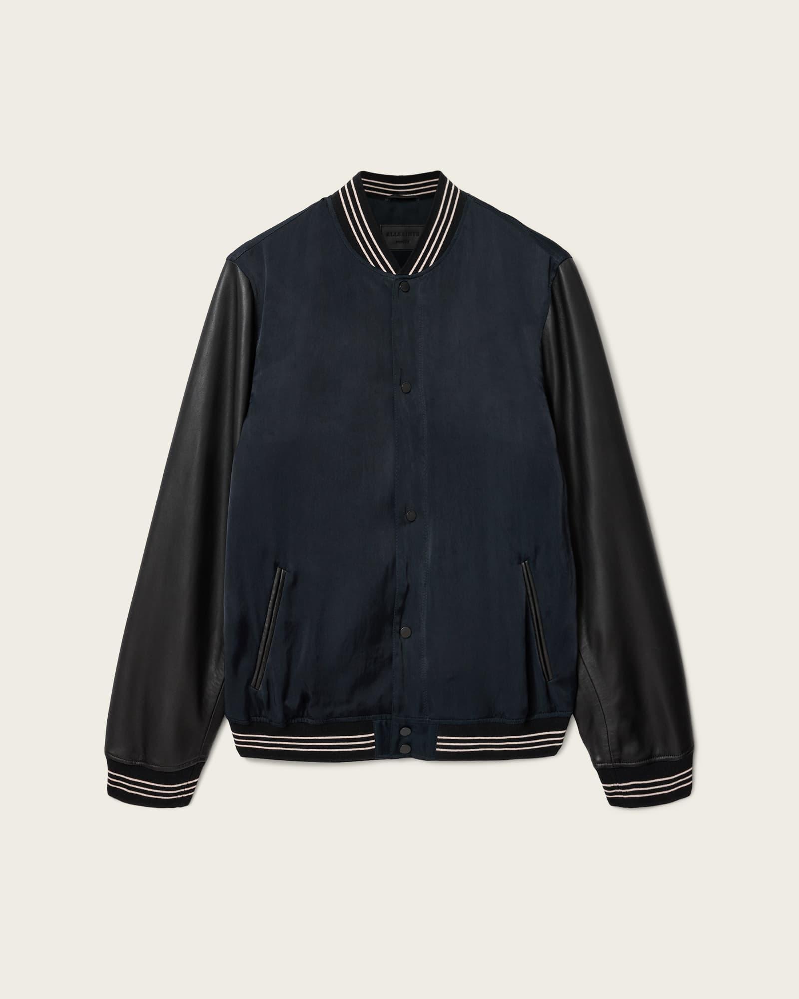 Taishi Leather Varsity Bomber Jacket Navy/Black | ALLSAINTS US Product Image
