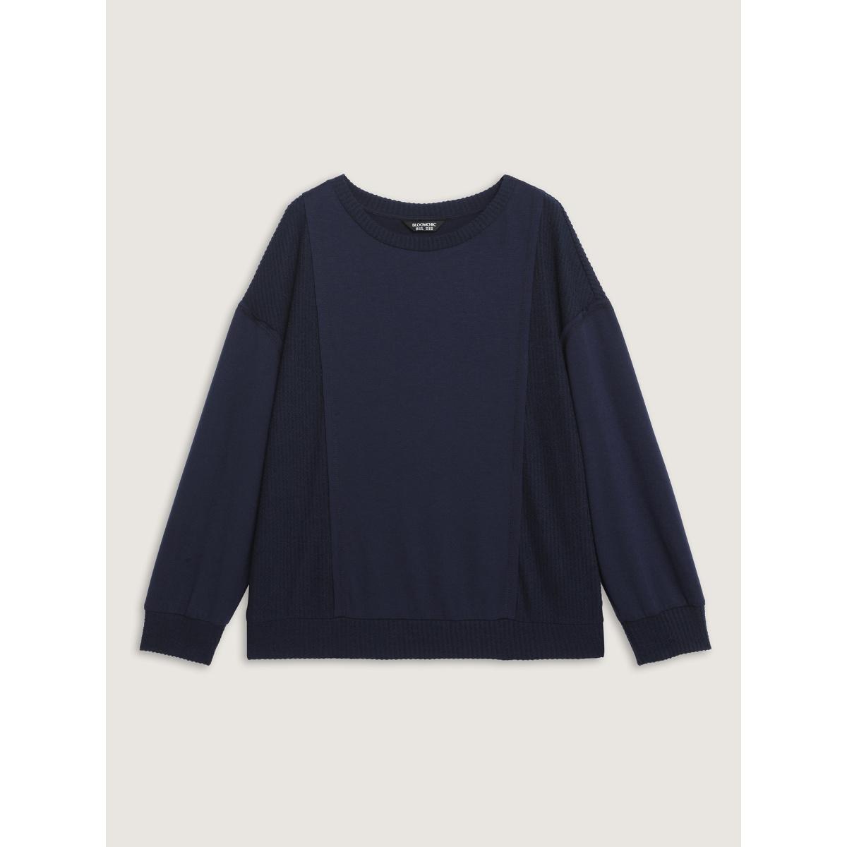 Plus Size Crew Neck Textured Patchwork Sweatshirt Women Indigo Leisure Texture Round Neck Casual Sweatshirts BloomChic 28/5X Product Image