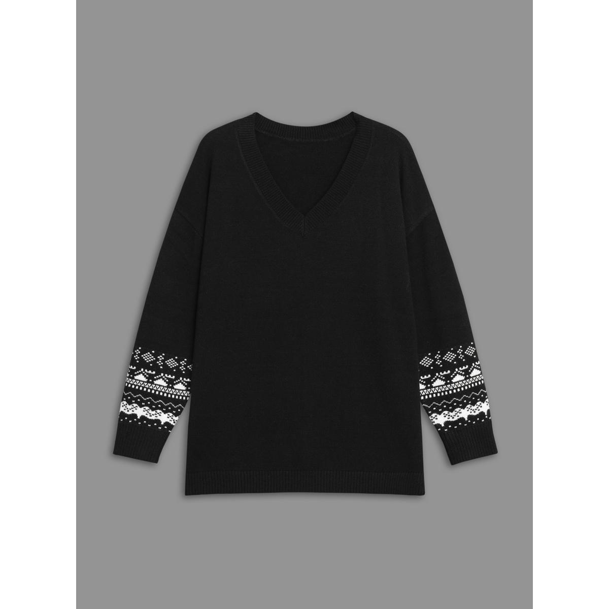 Plus Size Supersoft Essentials Jacquard Sleeve Side Slit Pullover Black Women Casual Loose Long Sleeve V-neck Everyday Pullovers BloomChic 12/L Product Image