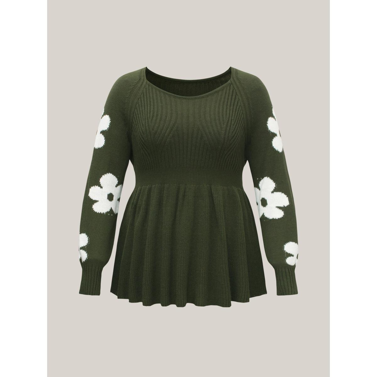 Plus Size Floral Patch Jacquard Cinched Waist Pullover ArmyGreen Women Timeless Bodycon Long Sleeve Square Neck Elegant Pullovers BloomChic 14-16/1X Product Image