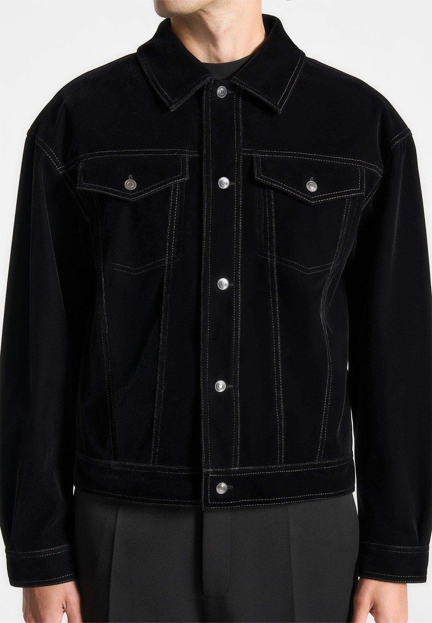 Velvet Contrast Stitch Trucker Jacket - Black Male Product Image