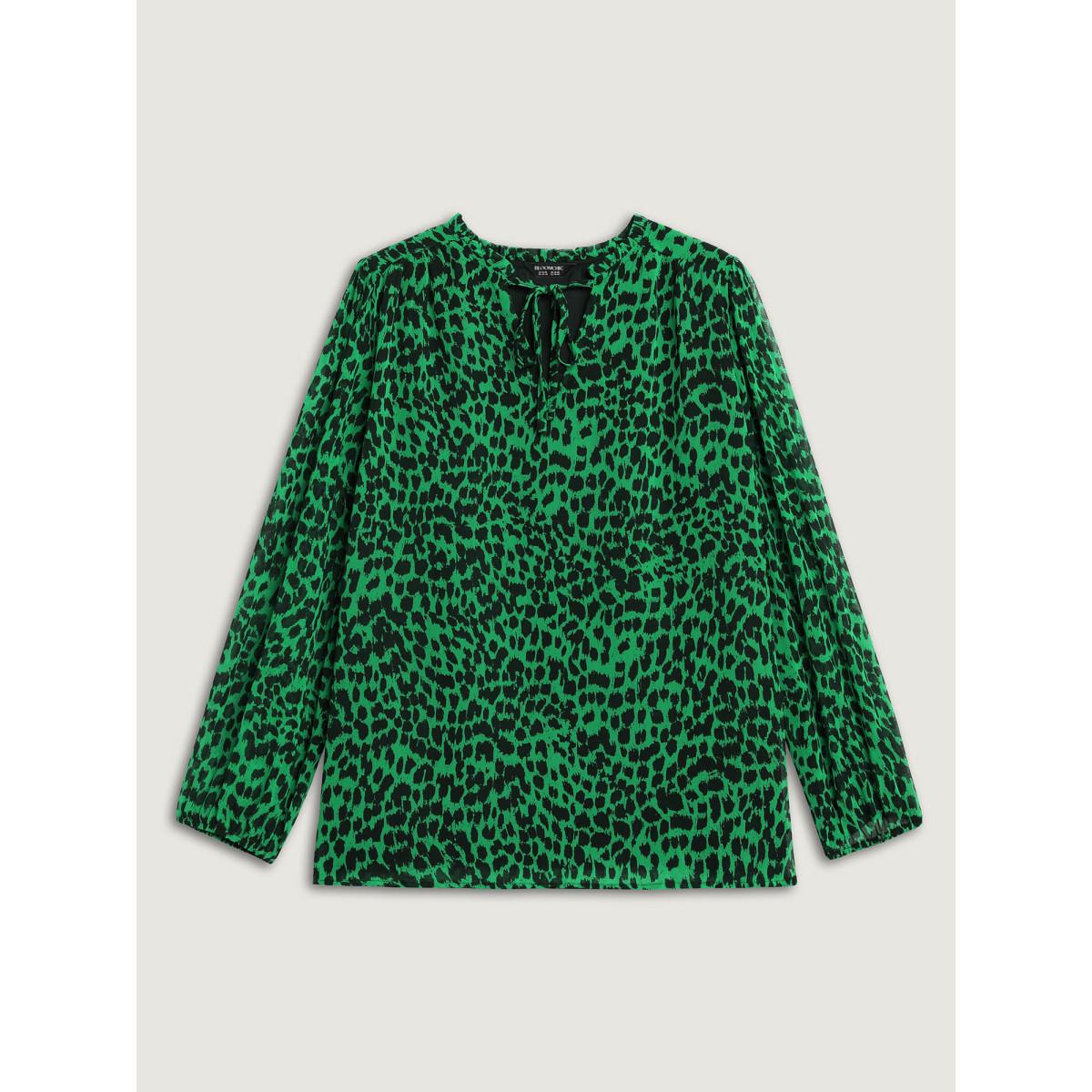 Plus Size DarkGreen Leopard Print Tie Knot Lantern Sleeve Blouse Women Romantic Long Sleeve V-neck Elegant Blouses BloomChic 30/6X Product Image