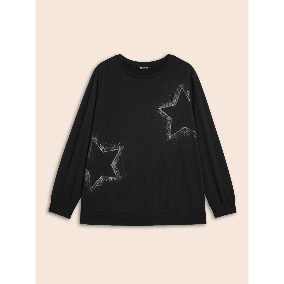 Plus Size Star Rhinestone Slightly Stretchy Sweatshirt Women Black Casual Rhinestone detailing Round Neck Everyday Sweatshirts BloomChic 12/L Product Image