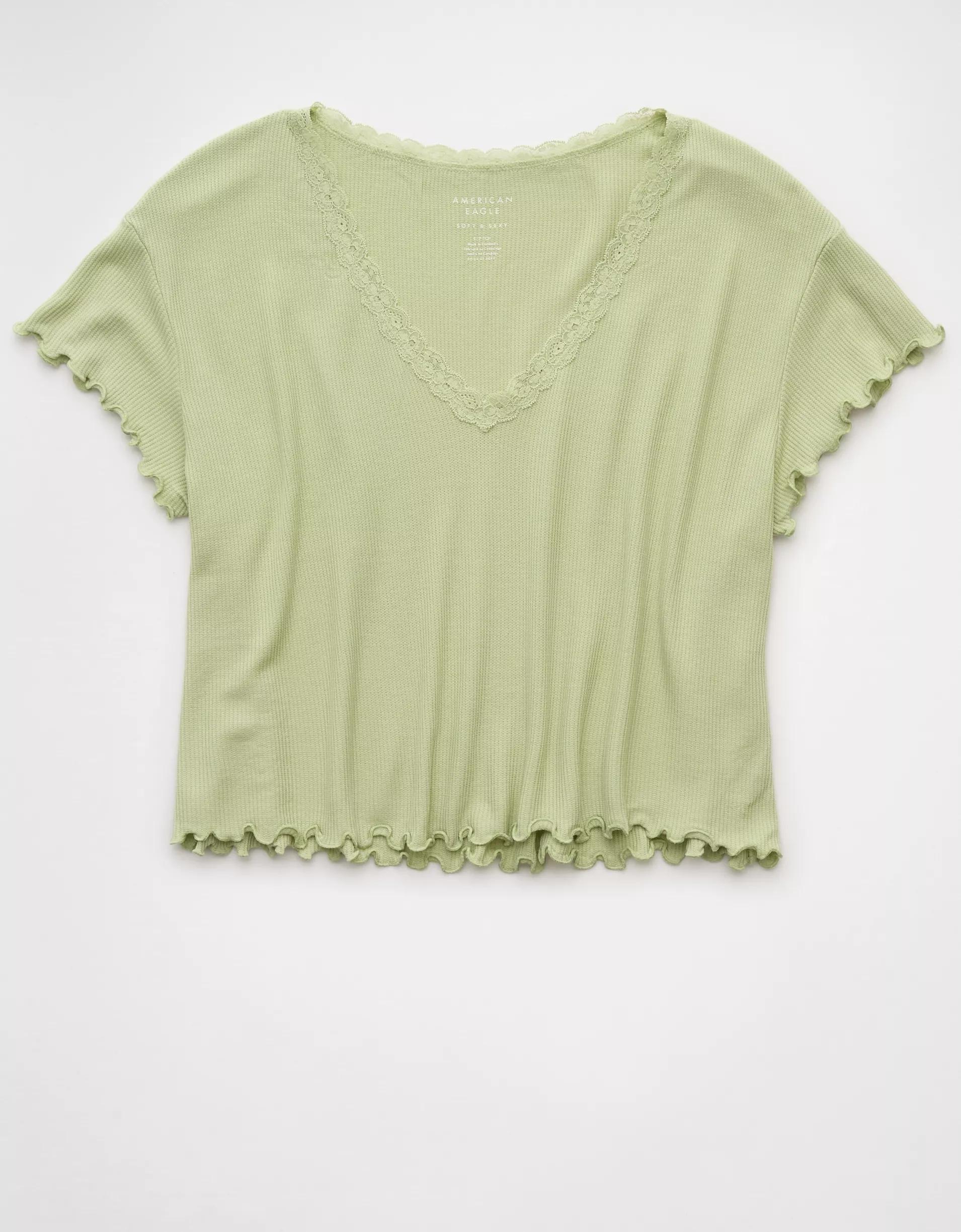 AE Soft & Sexy V-Neck Cropped Waffle T-Shirt Product Image