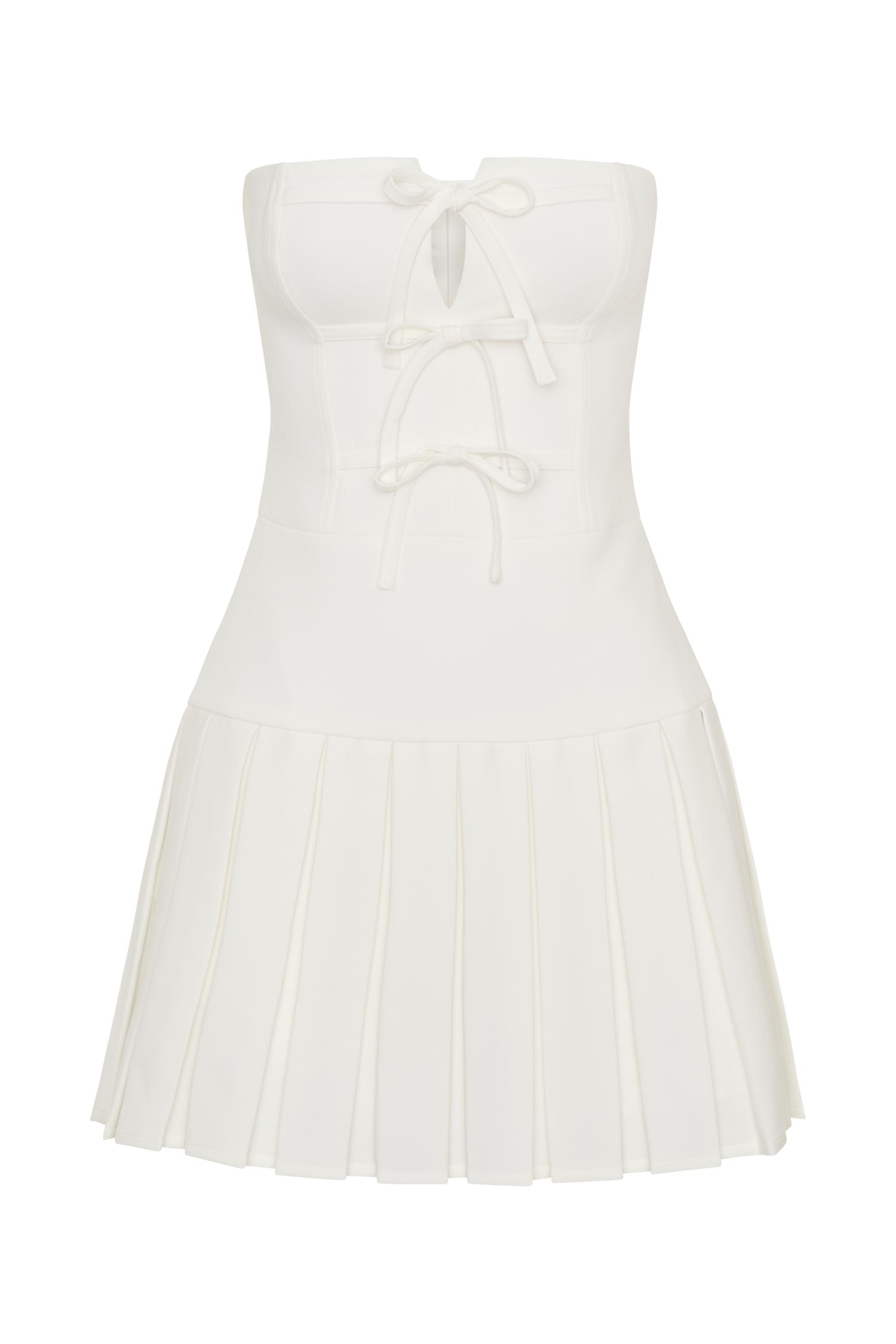 Naya Pleated Mini Dress With Ties - White Product Image