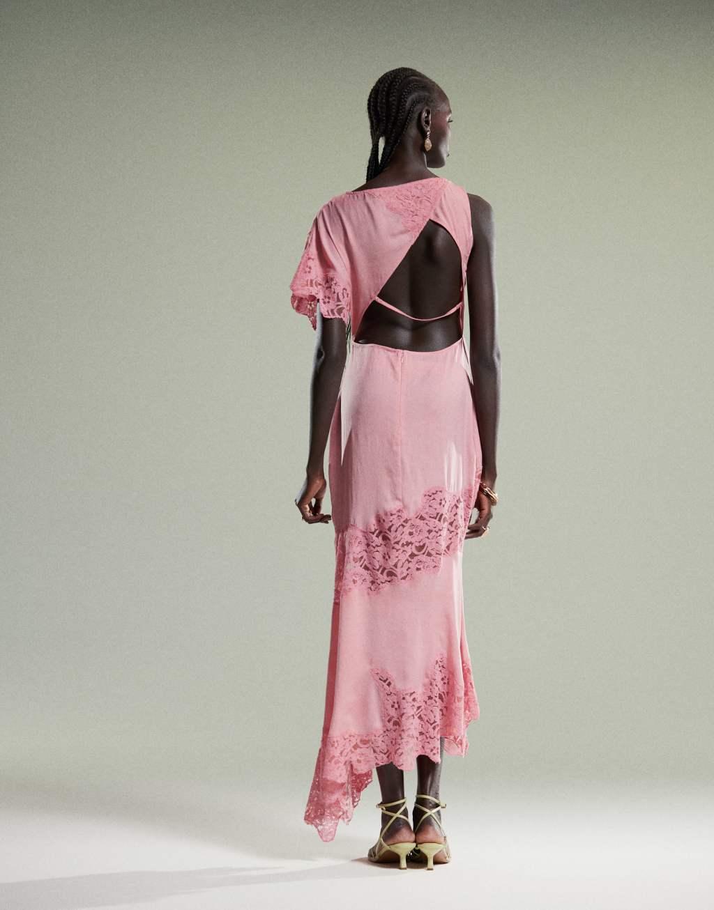 ASOS DESIGN flutter sleeve midi dress with lace detail in pink Product Image