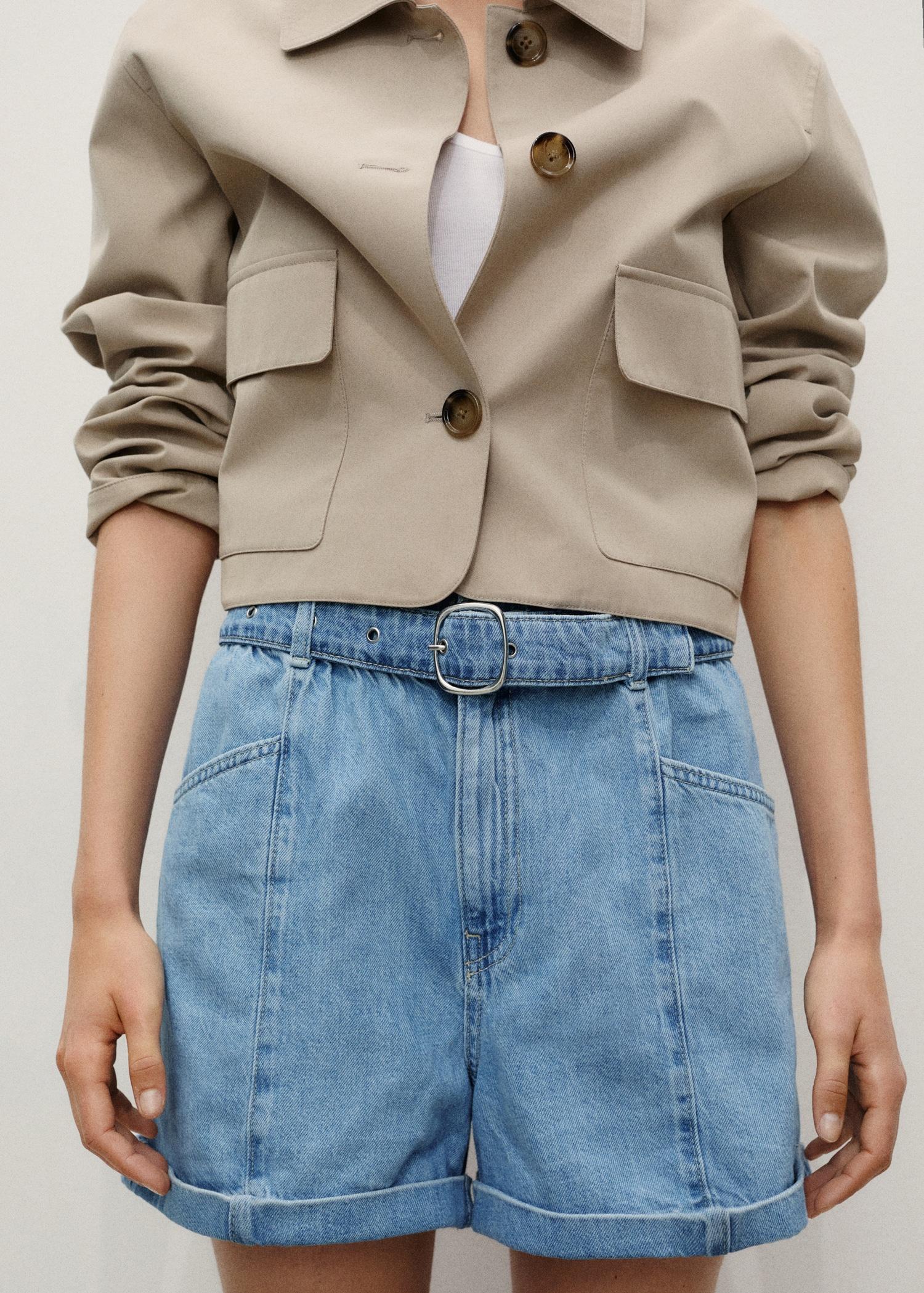 Denim paperbag shorts with belt - Women | MANGO USA Product Image