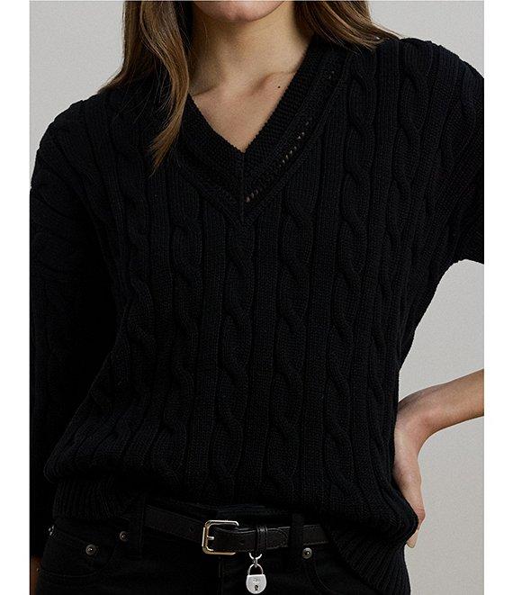 Lauren Ralph Lauren Cable Knit V-Neck Long Sleeve Top Product Image