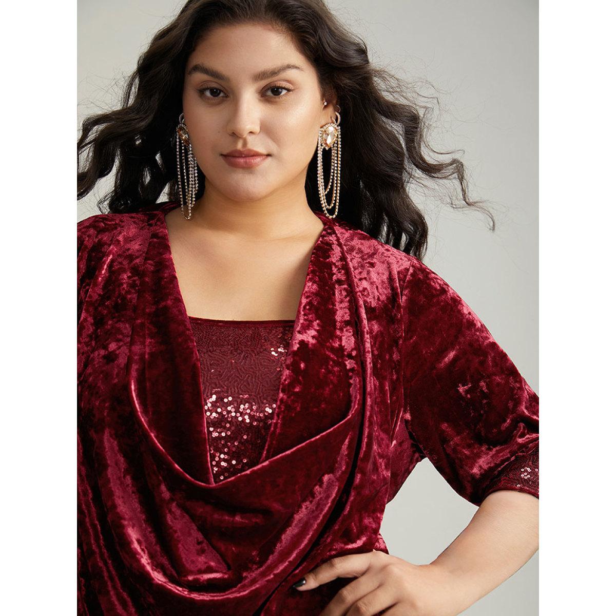 Plus Size Scarlet Cowl Neck 2-In-1 Sequin Patchwork Blouse Women Party&Cocktail Elbow-length sleeve Cowl Neck Party Blouses BloomChic 26/4X Product Image