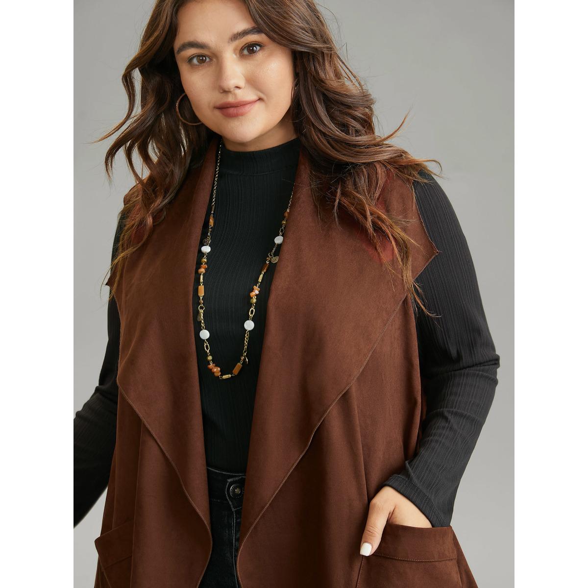 Plus Size Faux Suede Asymmetrical Neck Pocket Vest Women DarkBrown Casual Plain Ladies Dailywear Winter Coats BloomChic 26/4X Product Image