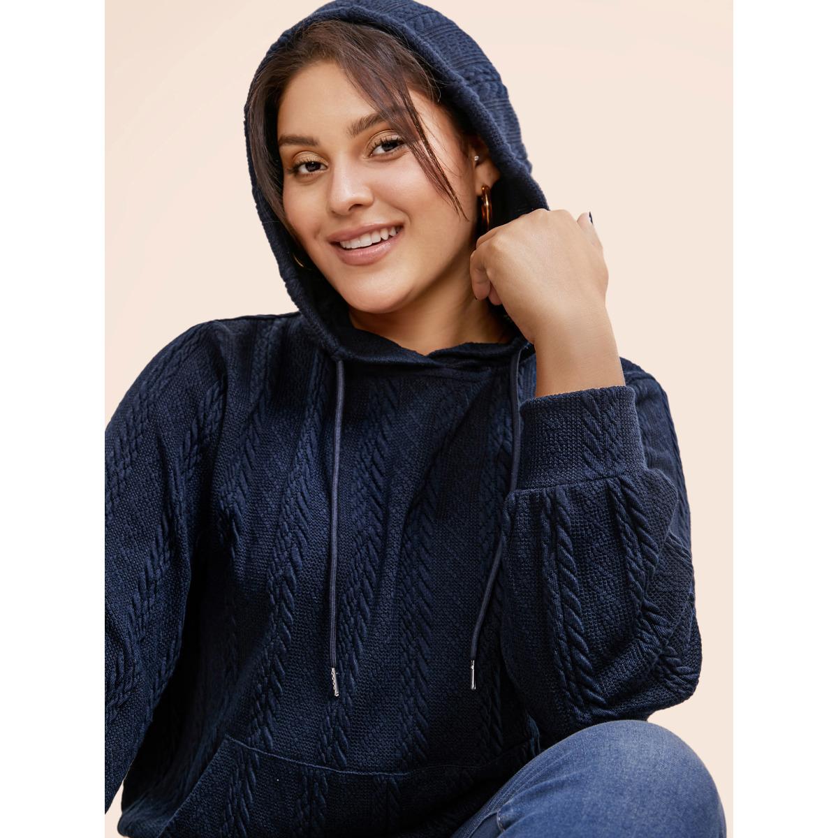 Plus Size Solid Cable Knit Hooded Drawstring Sweatshirt Women DarkBlue Casual Texture Hooded Everyday Sweatshirts BloomChic 10/M Product Image