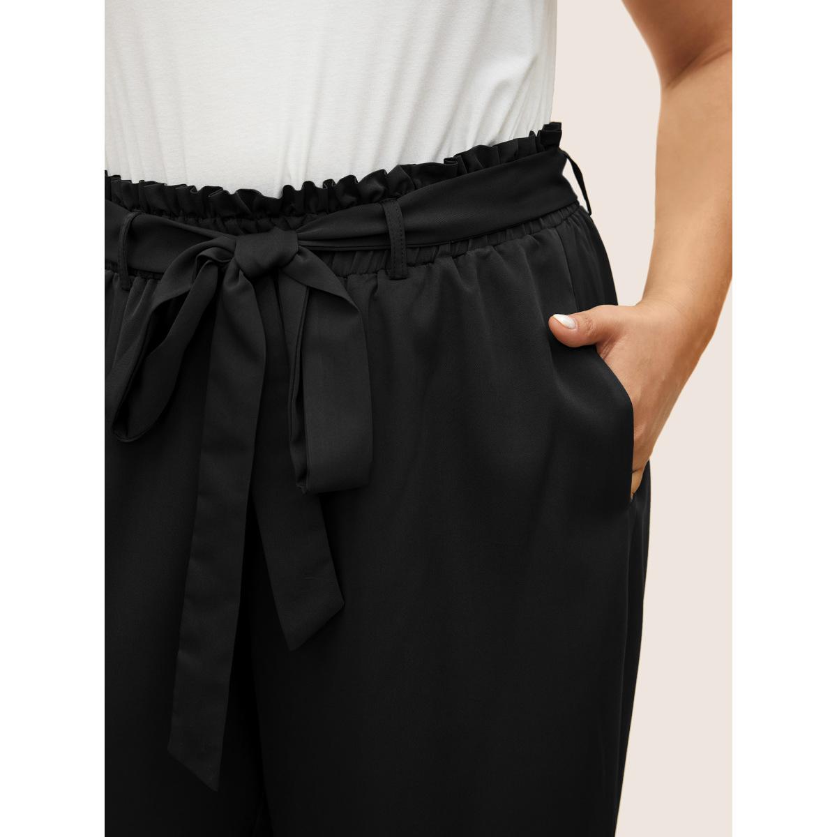 Plus Size Plain Paperbag Waist Belted Wide Leg Pants Women Black Elegant Wide Leg High Rise Everyday Pants BloomChic 26/4X Product Image