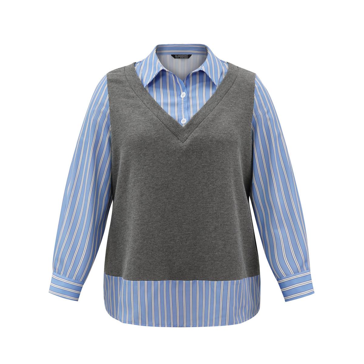 Plus Size 2-In-1 Striped Patchwork Waffle Knit Sweatshirt Women Gray Casual Waffle Knit Shirt collar Dailywear Sweatshirts BloomChic 22-24/3X Product Image