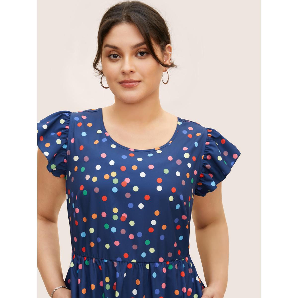 Plus Size Colored Polka Dot Tie Knot Ruffle Cap Sleeve Dress DarkBlue Women Casual Tie knot Round Neck Cap Sleeve Curvy BloomChic 12/L Product Image