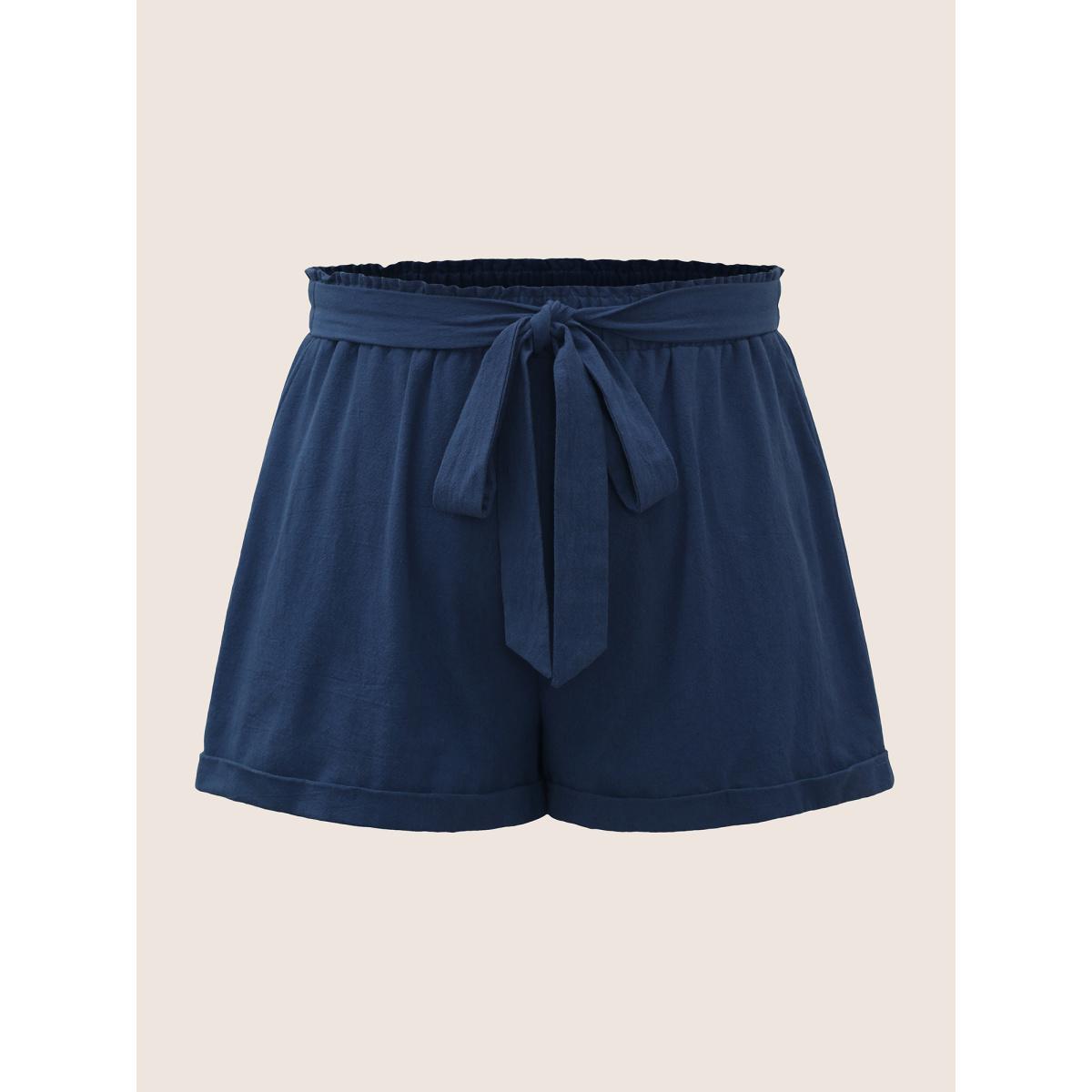 Plus Size Paperbag Waist Tie Knot Roll Hem Shorts Women DarkBlue Elegant Tie knot Wide Leg Everyday Shorts BloomChic 28/5X Product Image