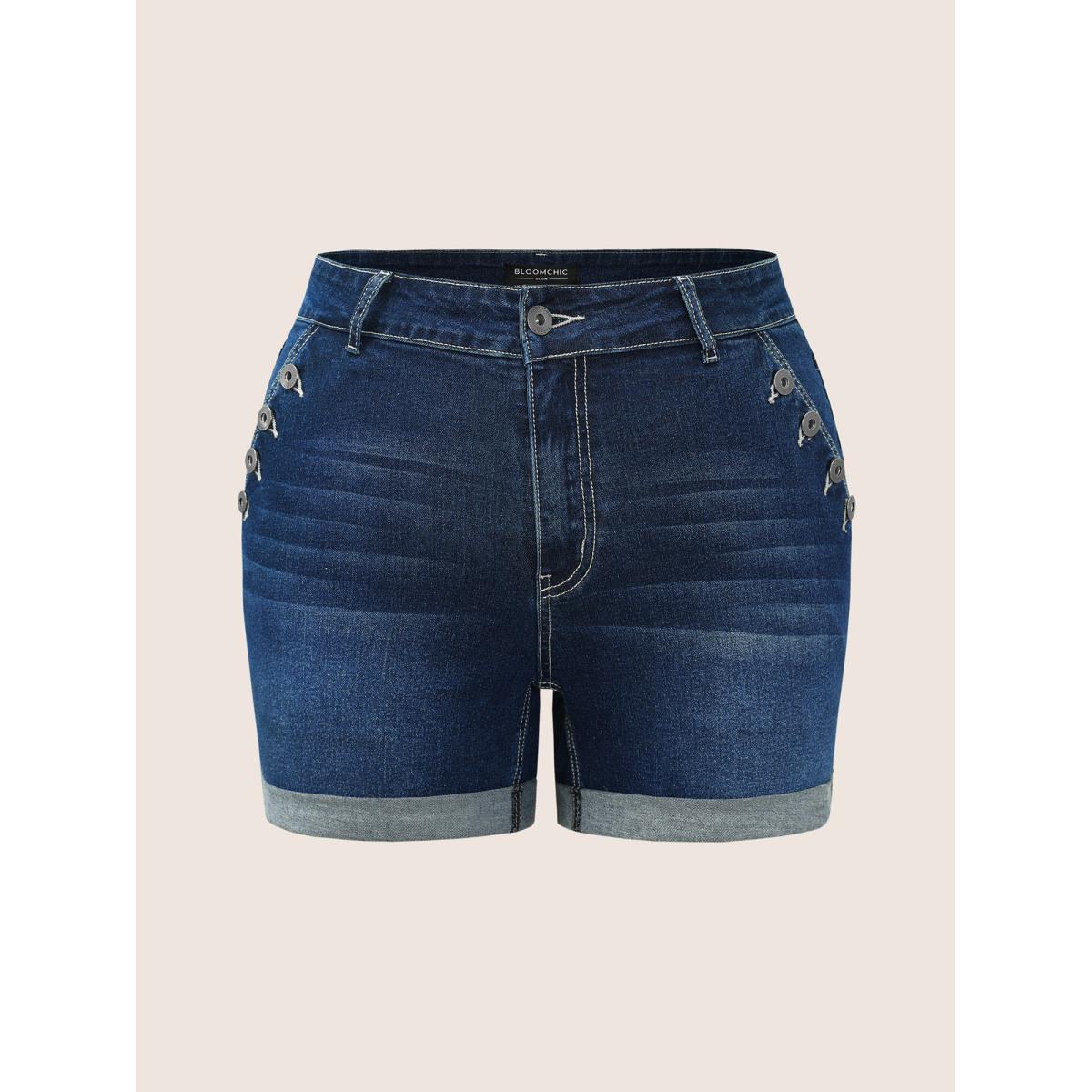 Plus Size Dark Wash Button Detail Roll Hem Denim Shorts Women Indigo Non High stretch Everyday Slanted pocket Elegant Denim Shorts BloomChic 16/1X Product Image