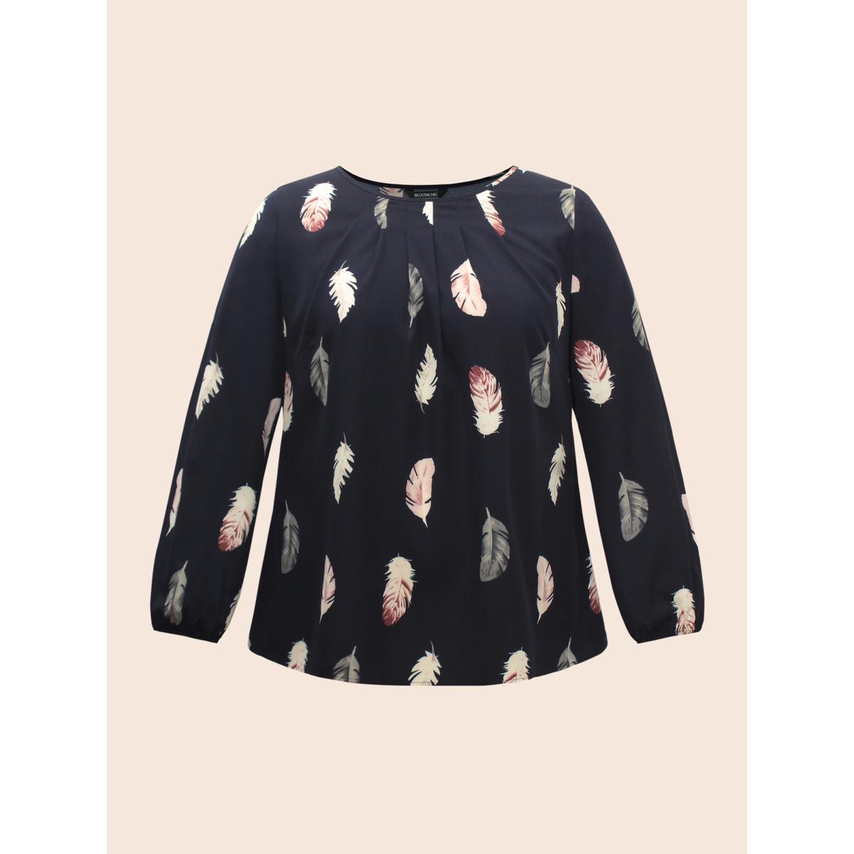 Plus Size Indigo Feather Print Pleated Slit Hem Blouse Women Elegant Extra Long Sleeve Round Neck Everyday Blouses BloomChic 30/6X Product Image