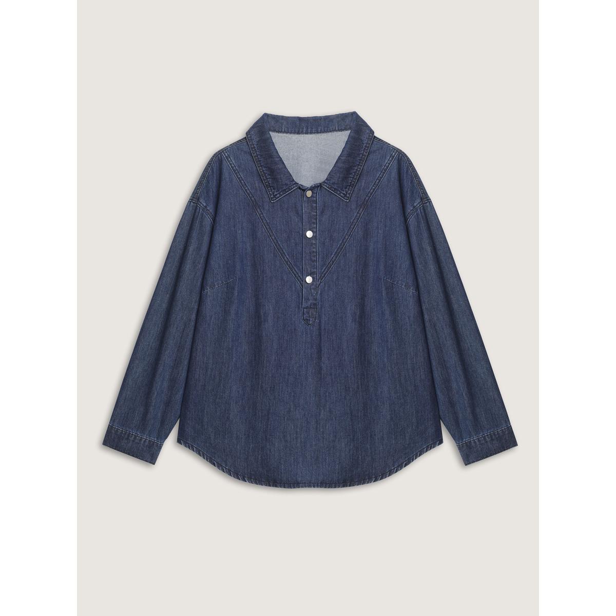 Plus Size Half Placket Button Curvy Hem Denim Shirt Lightbluevintage Women No stretch Extra Long Sleeve Drop shoulder sleeve Casual Leisure Denim Tops BloomChic 28/5X Product Image
