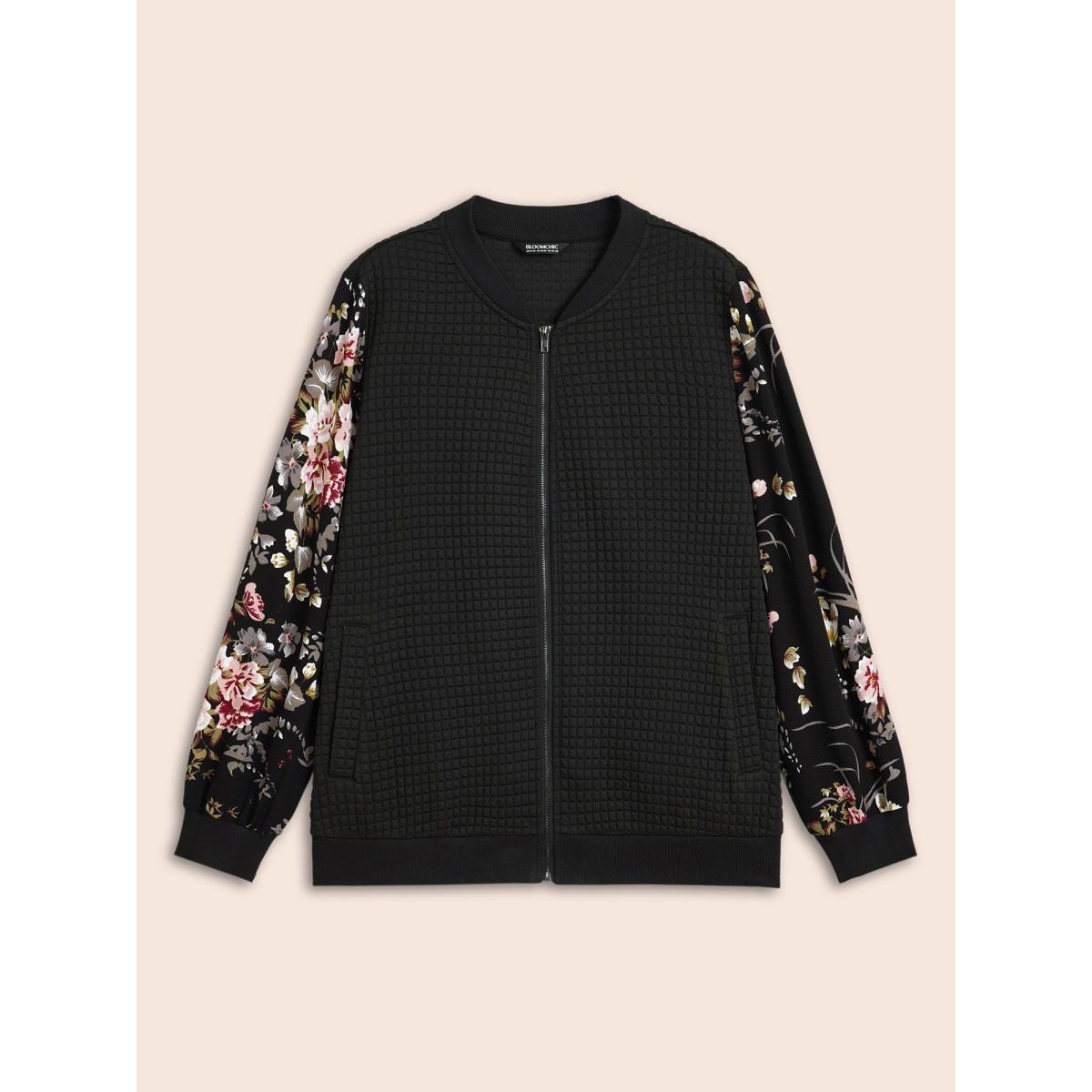 Plus Size Natural Flowers Patchwork Texture Jacket Women Black Texture Slanted pocket Everyday Jackets BloomChic 30/6X Product Image