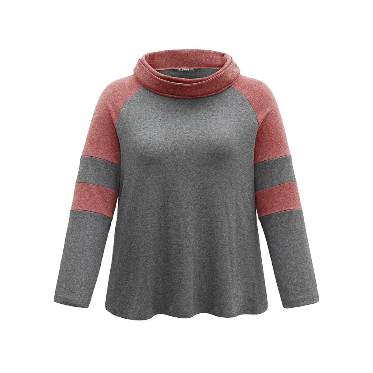 Plus Size Two Tone Cowl Neck Patchwork T-shirt Gray Women Casual Contrast Plain Cowl Neck Dailywear T-shirts BloomChic 30/6X Product Image