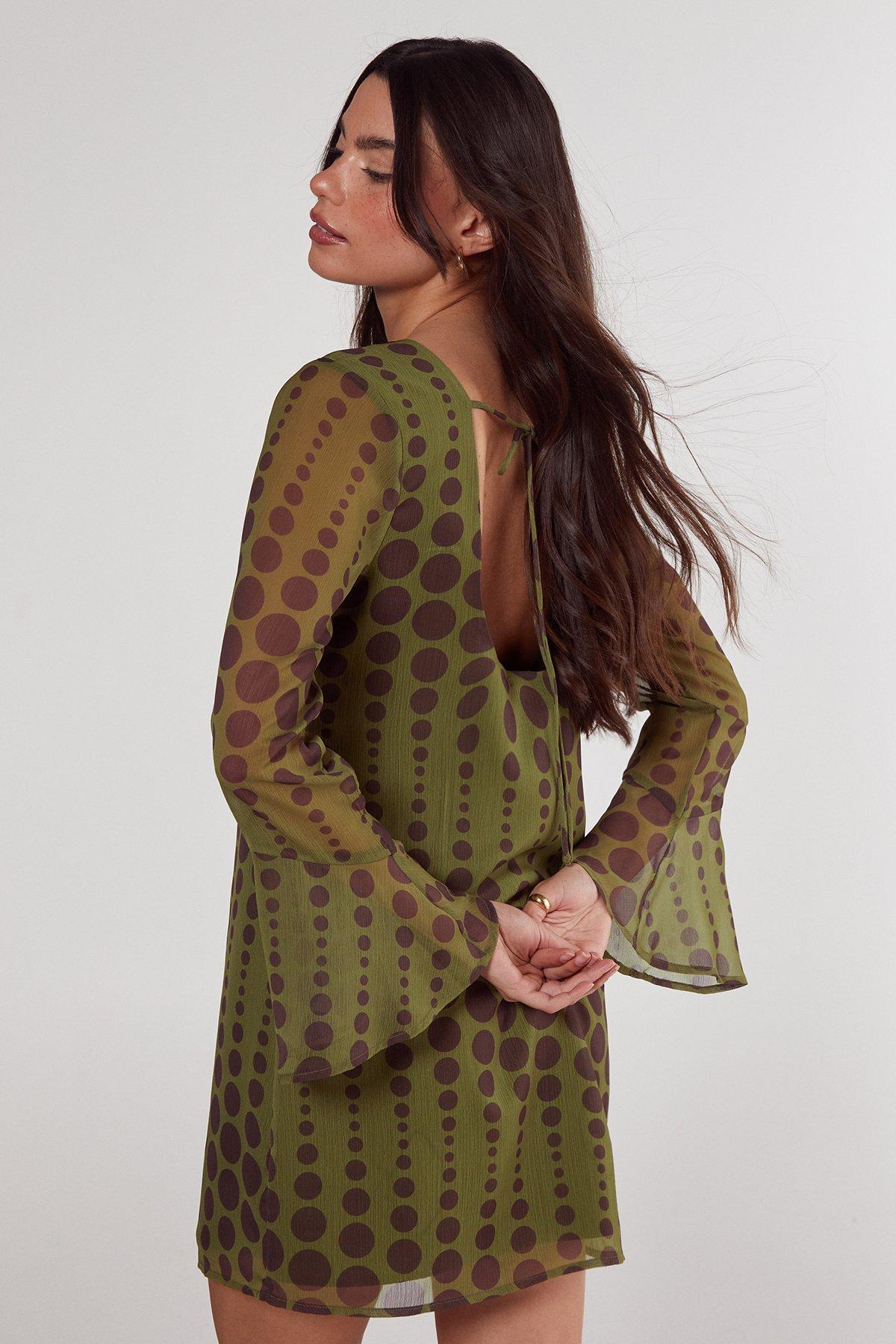 Chiffon Polka Dot Fluted Sleeve Tunic Mini Dress Product Image