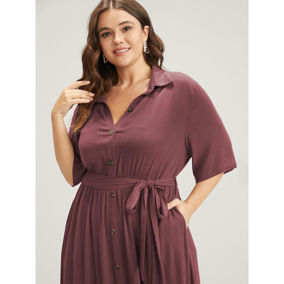 Belted Shirt Collar Button Plus Size Shirtdress Women Workleisure Plain Sleeve Short Sleeve Shirt Collar Pocket Workwear Long Dress BloomChic Product Image