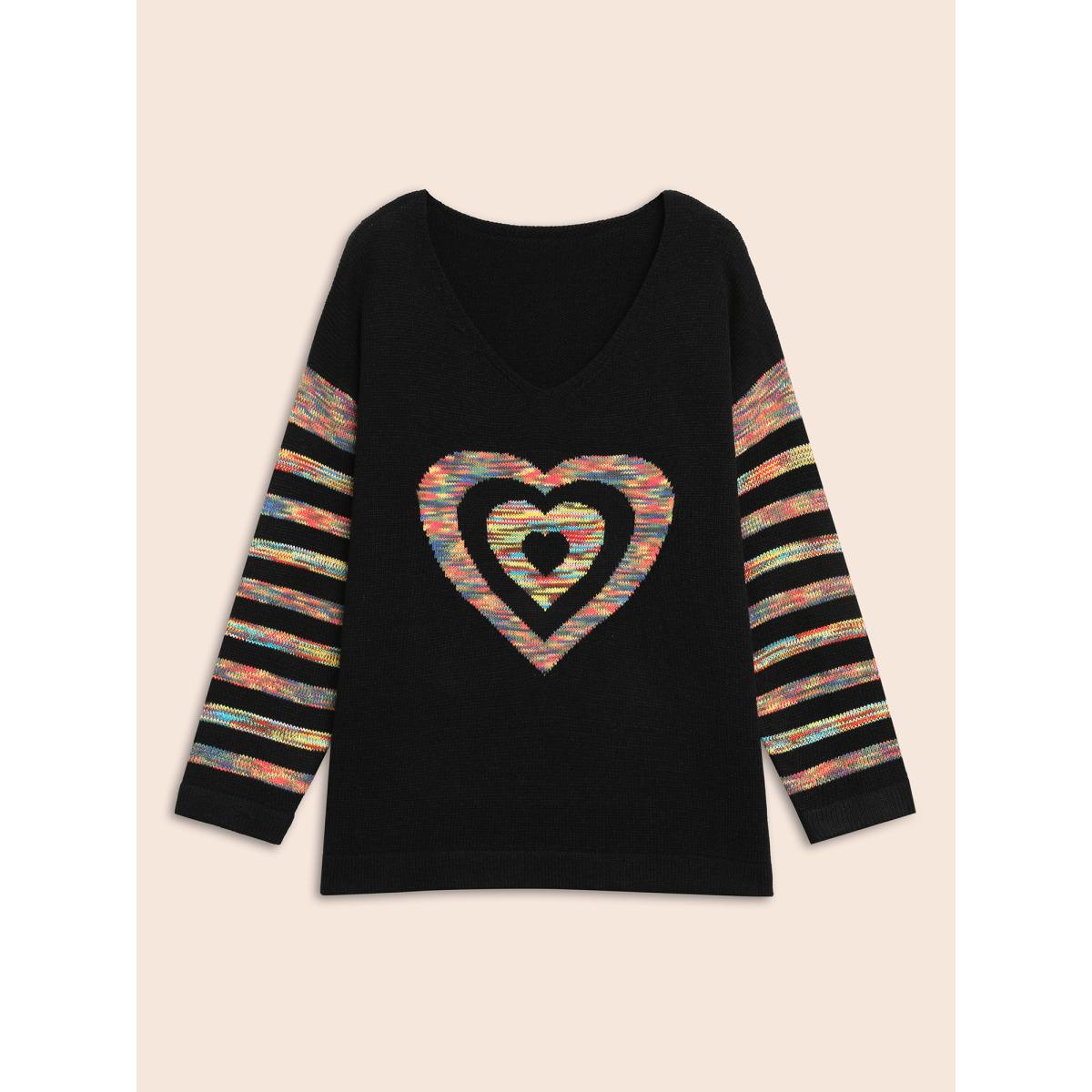 Plus Size Contrast Heart Jacquard Drop Shoulder Pullover Black Women Casual Loose Long Sleeve V-neck Everyday Pullovers BloomChic 22-24/3X Product Image