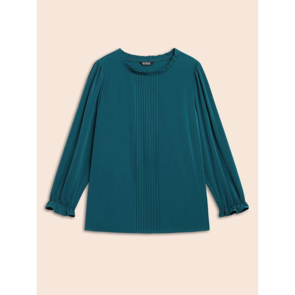 Plus Size Aegean Plain Pleated Lantern Sleeve Slit Hem Blouse Women At the Office Extra Long Sleeve Round Neck Office Blouses BloomChic 22-24/3X Product Image