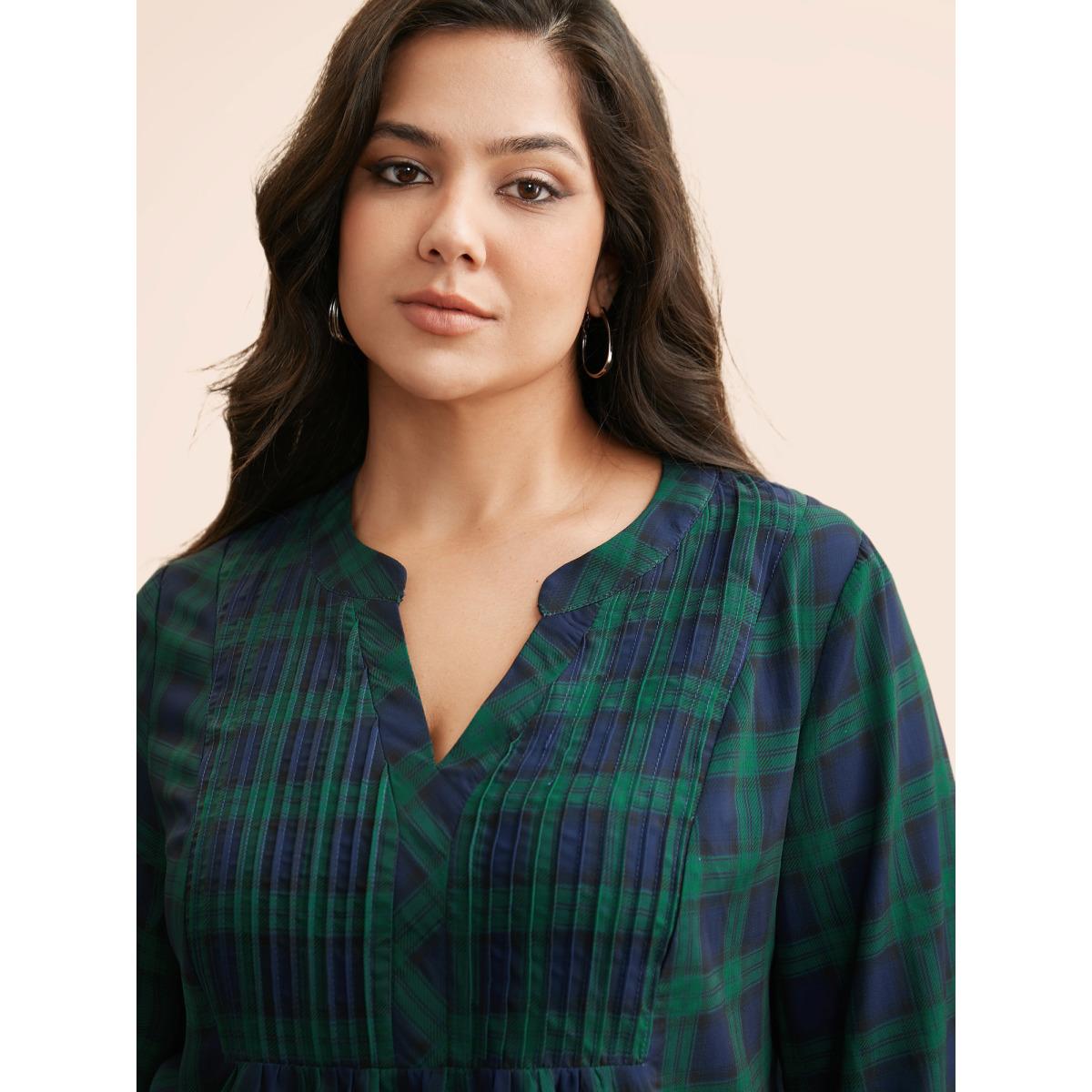 Plus Size Indigo Notched Plaid Ruffles Pleated Blouse Women Casual Elbow-length sleeve Flat collar with V-notch Everyday Blouses BloomChic 12/L Product Image