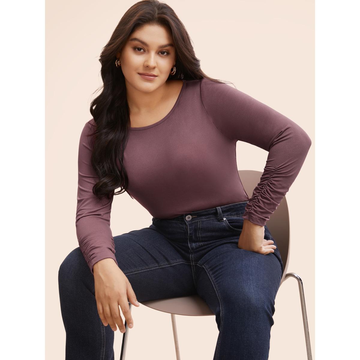 Plus Size Solid Boat Neck Gathered T-shirt DustyPink Women Elegant Gathered Boat Neck Bodycon Everyday T-shirts BloomChic 10/M Product Image