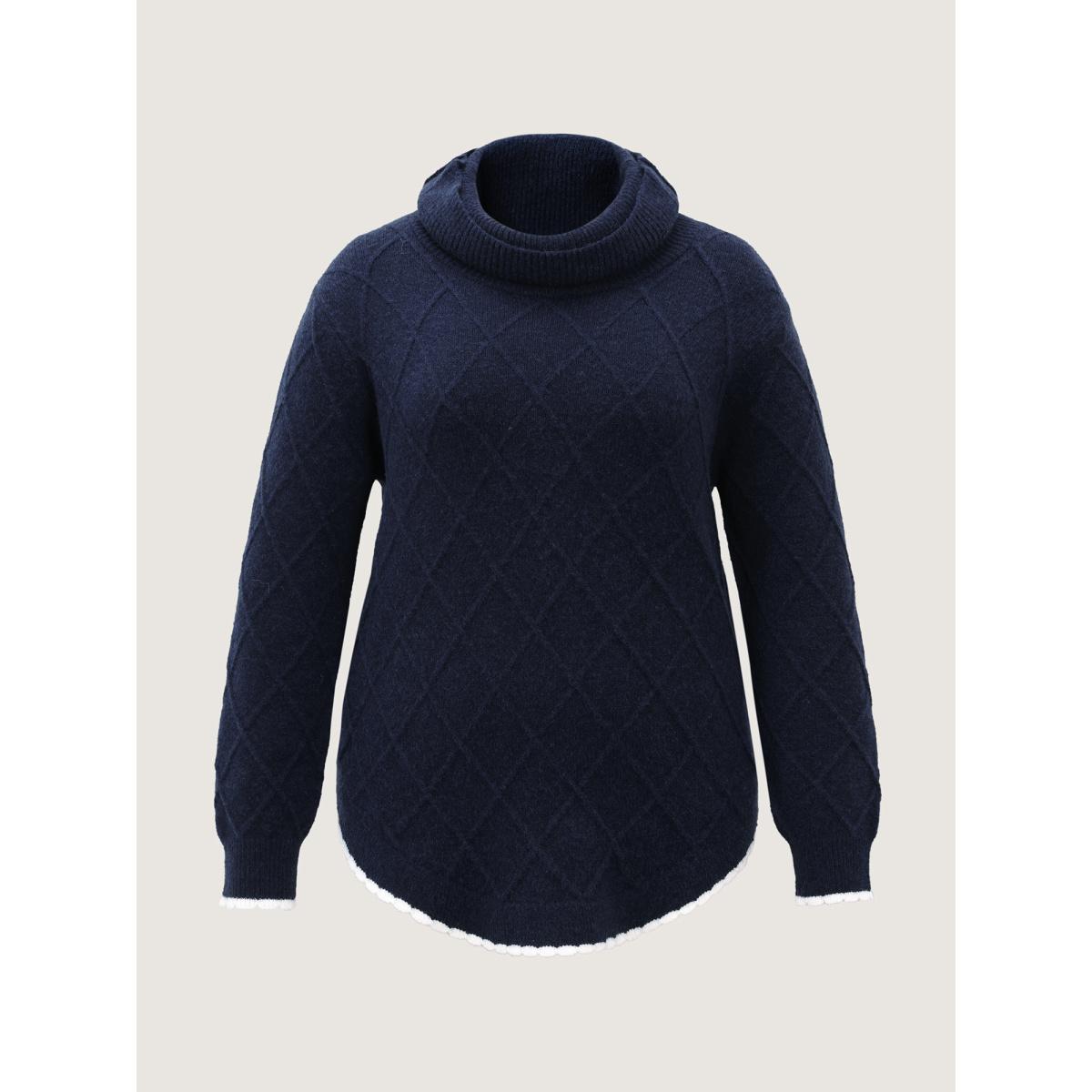 Plus Size Curvy Contrast Hem Textured Turtleneck Pullover Midnight Women Leisure Loose Long Sleeve Turtleneck Casual Pullovers BloomChic 22-24/3X Product Image