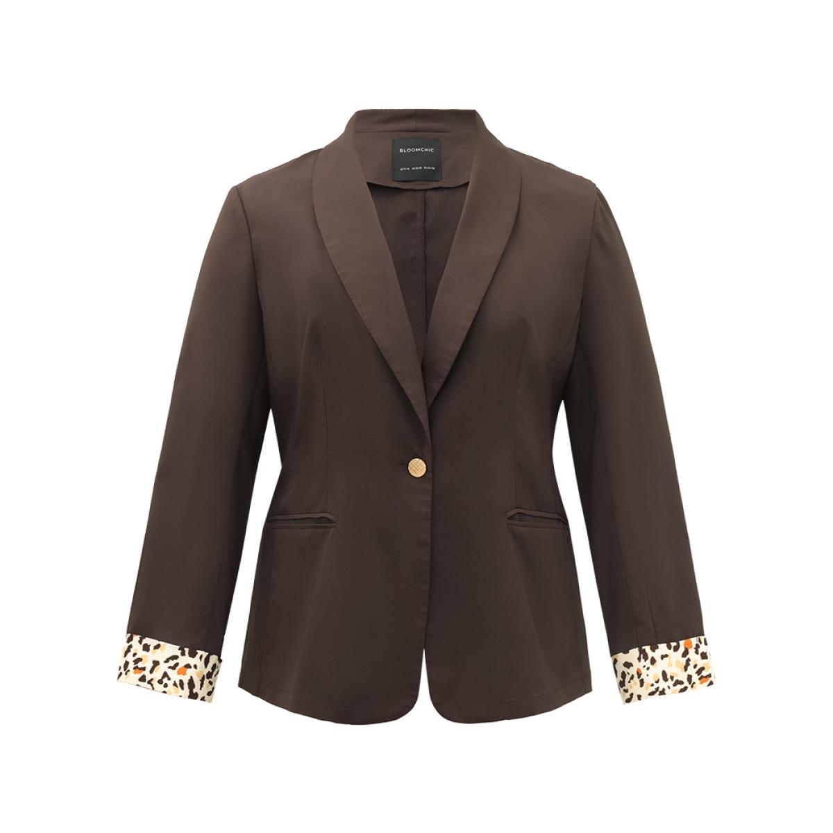 Plus Size Lapel Collar Patchwork Leopard Print Blazer DimGray Women Work Plain Contrast Sleeve Long Sleeve Lapel Collar 22-24/3X Pocket Office Blazers BloomChic Product Image