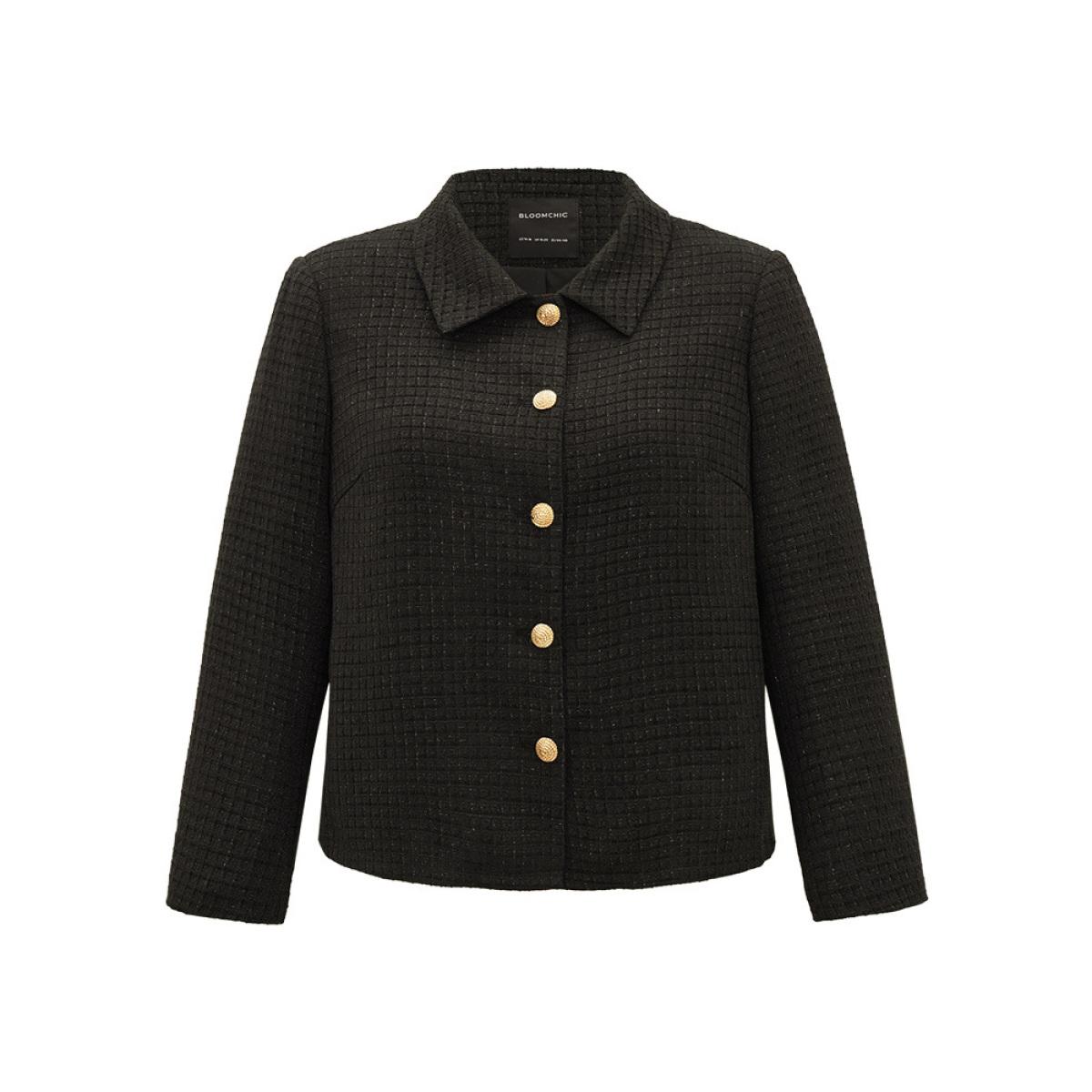 Plus Size Plain Suit Collar Texture Button Up Blazer Black Women Work Plain Texture Sleeve Long Sleeve Suit Collar 14-16/1X Office Blazers BloomChic Product Image