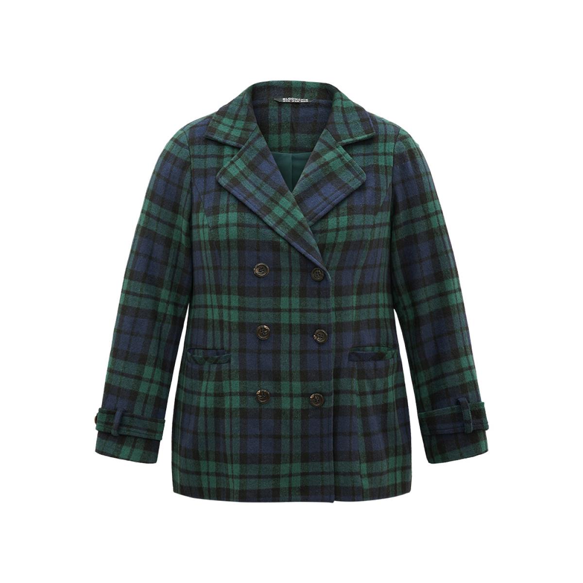 Plus Size Patched Pocket Plaid Double Breasted Coat Women DarkGreen Casual Lined Ladies Dailywear Winter Coats BloomChic 18-20/2X Product Image