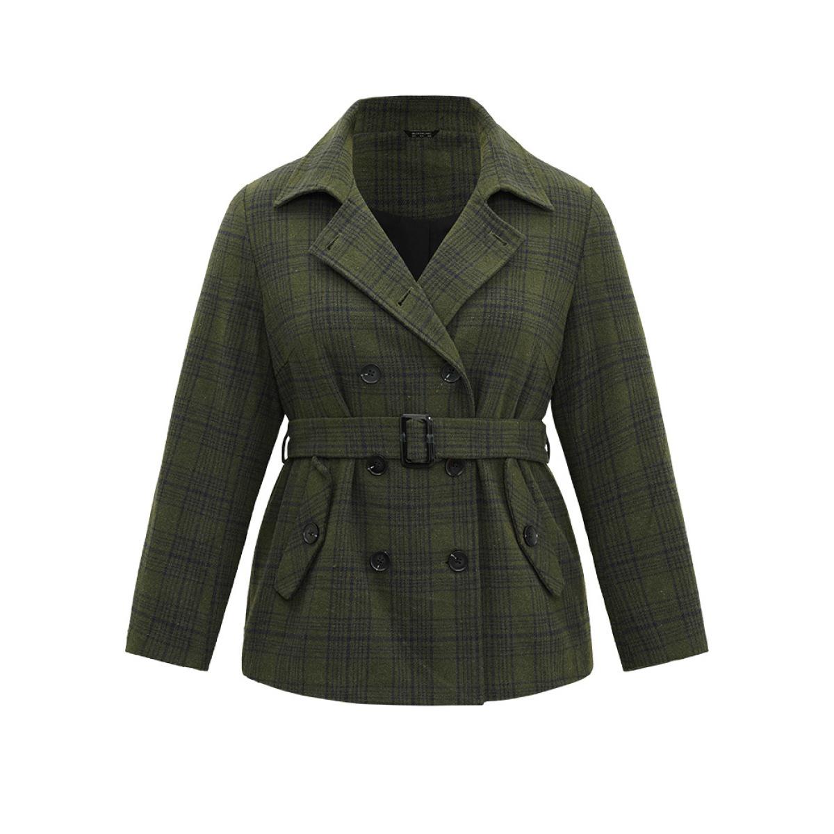 Plus Size Plaid Lapel Collar Double Breasted Belted Coat Women ArmyGreen Casual Lined Ladies Dailywear Winter Coats BloomChic 26/4X Product Image