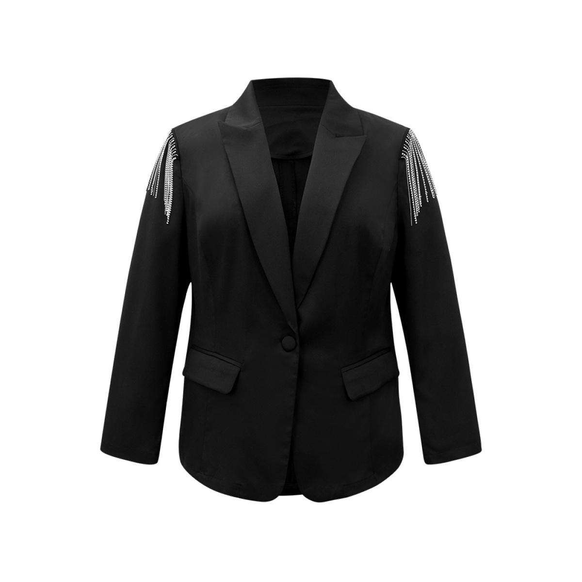 Plus Size Solid Suit Collar Tassel Trim Blazer Black Women Dailywear Plain Tassels Sleeve Long Sleeve Suit Collar 12/L Elegant Blazers BloomChic Product Image