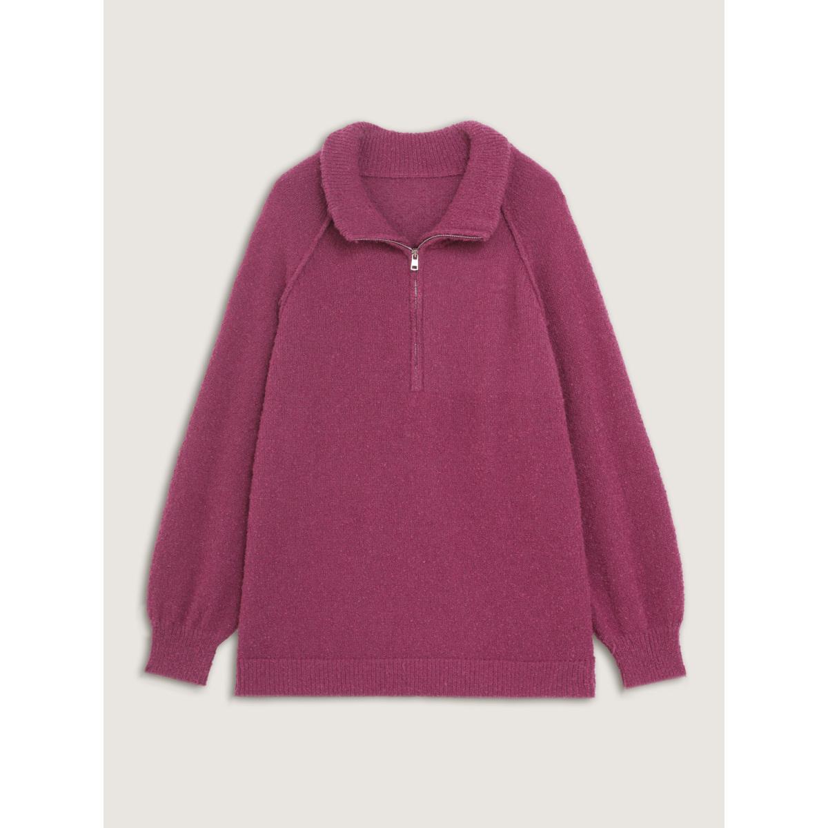 Plus Size Textured Raglan Sleeve Zipper Pullover RedViolet Women Leisure Loose Long Sleeve Polo Casual Pullovers BloomChic 28/5X Product Image
