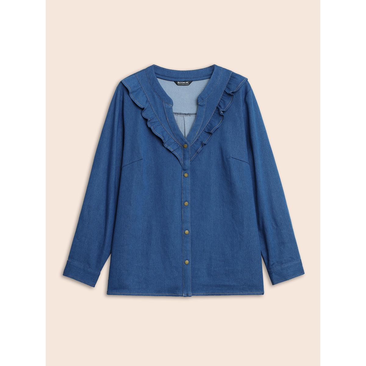 Plus Size Stretch Denim Lotus Leaf Neckline Shirt Denimblue Women Button Low stretch Vacation Resort Denim Tops BloomChic 12/L Product Image