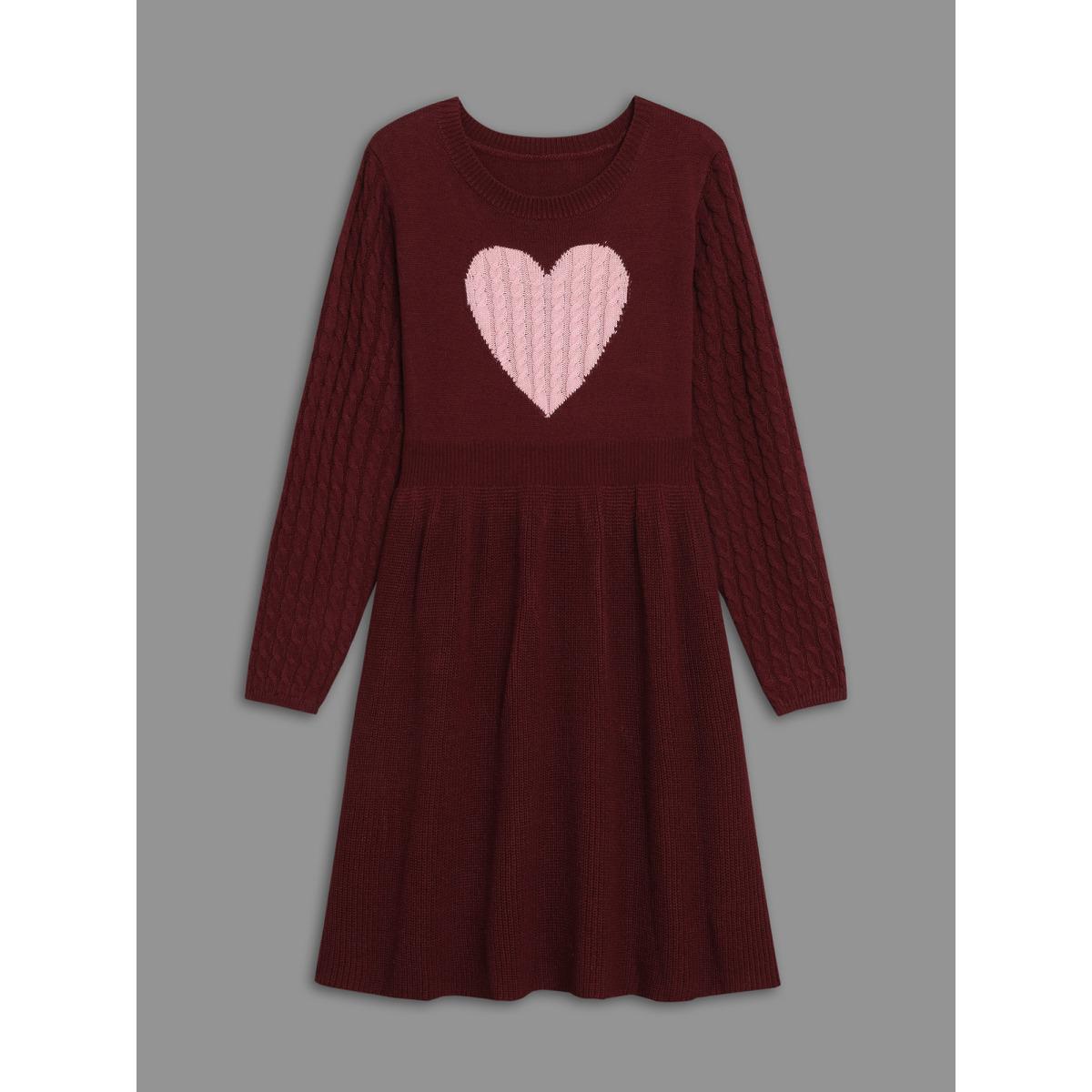 Plus Size Heart Motif Contrast Textured Dress Deepred Women Elegant Bodycon Long Sleeve Everyday Sweater Dresses BloomChic 22-24/3X Product Image