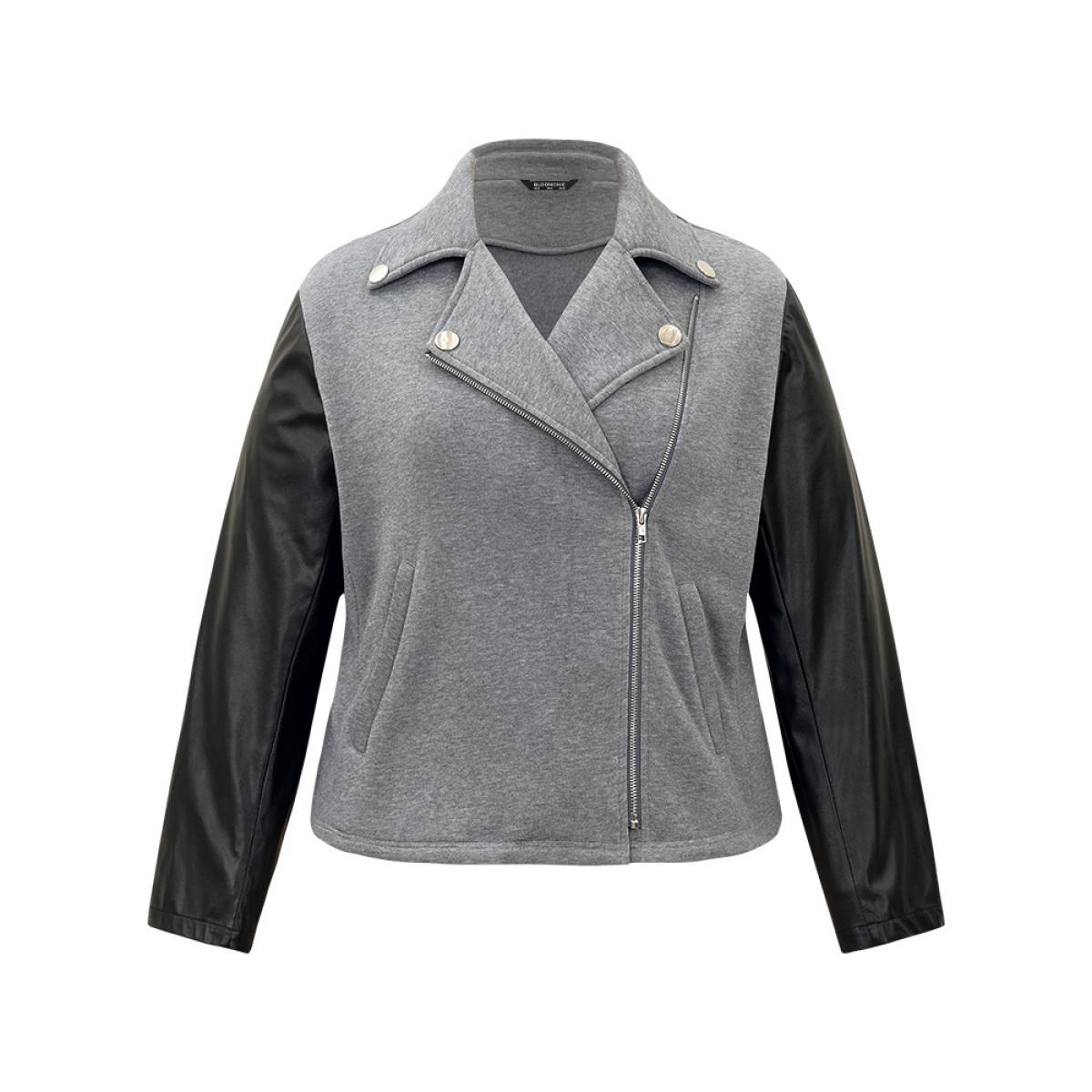 Plus Size PU Leather Zipper Contrast Button Detail Jacket Women Black Contrast Pocket Dailywear Jackets BloomChic 26/4X Product Image